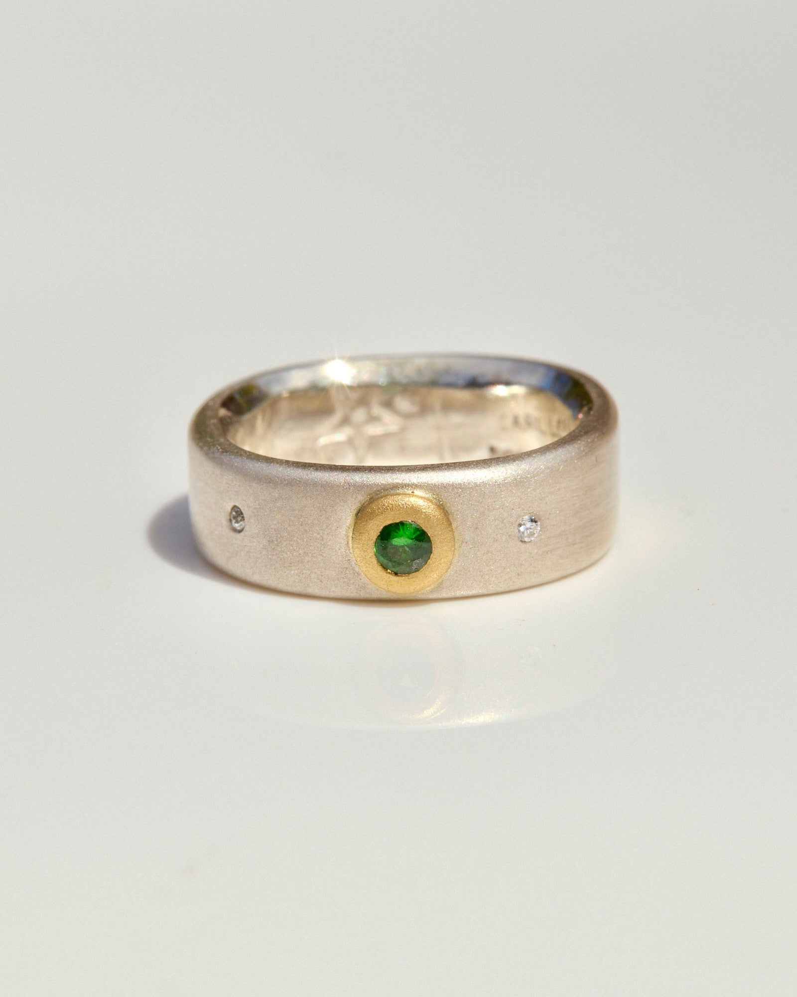 Green Garnet Band with White Diamond, 22k Gold & Sterling Silver