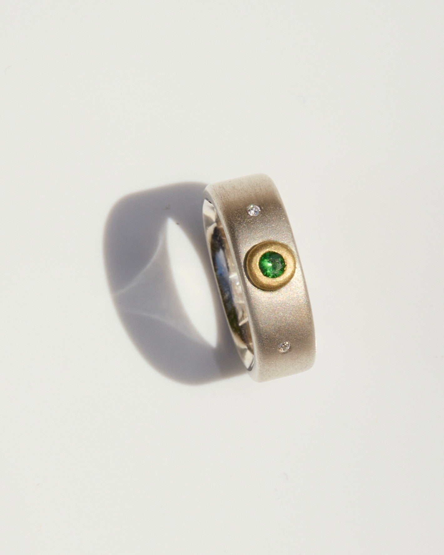 Green Garnet Band with White Diamond, 22k Gold & Sterling Silver