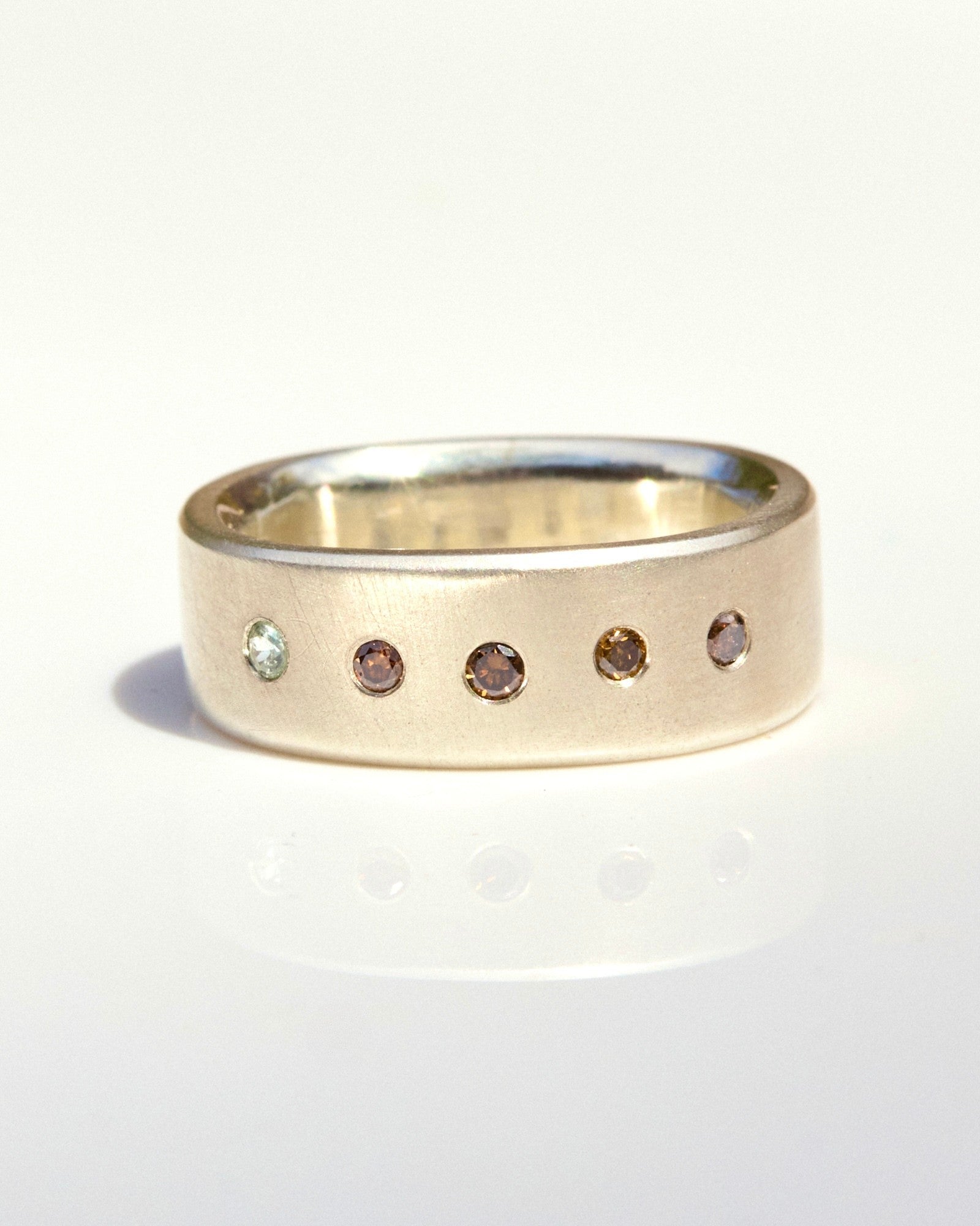 Heavy Fine Silver Band with Cognac Diamonds and Sapphire