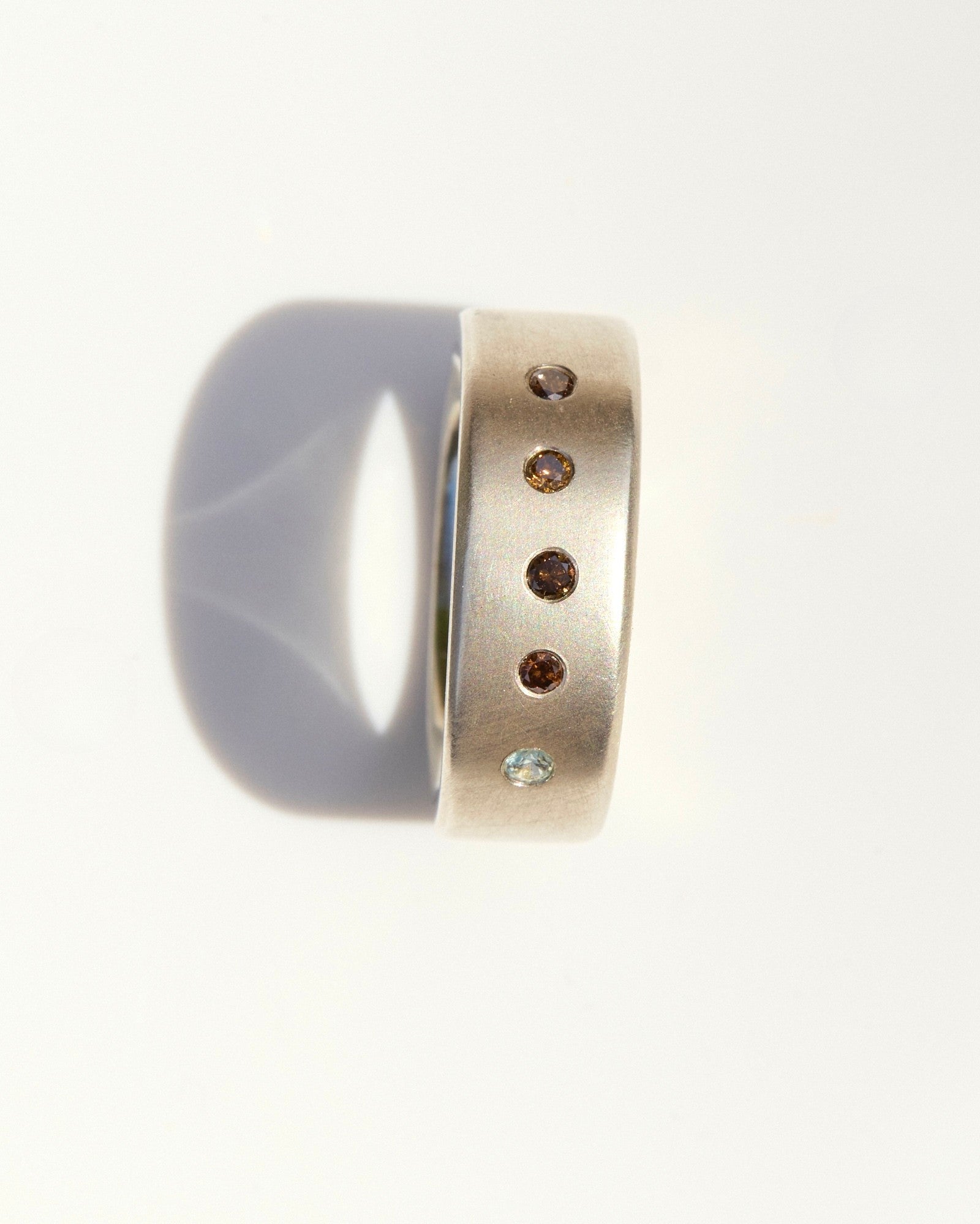 Heavy Fine Silver Band with Cognac Diamonds and Sapphire