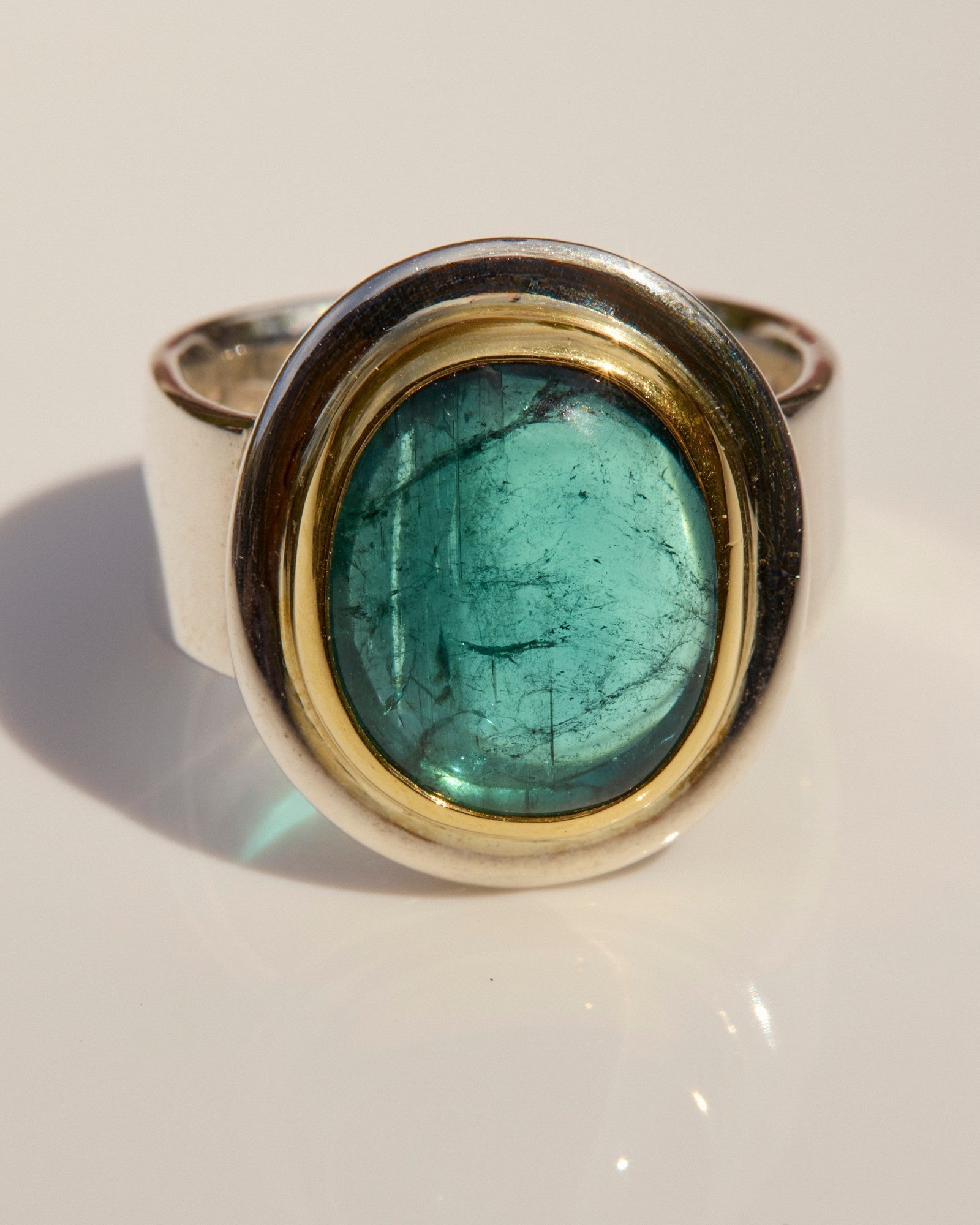 Indocolite Tourmaline Ring with 22k Gold & Sterling Silver
