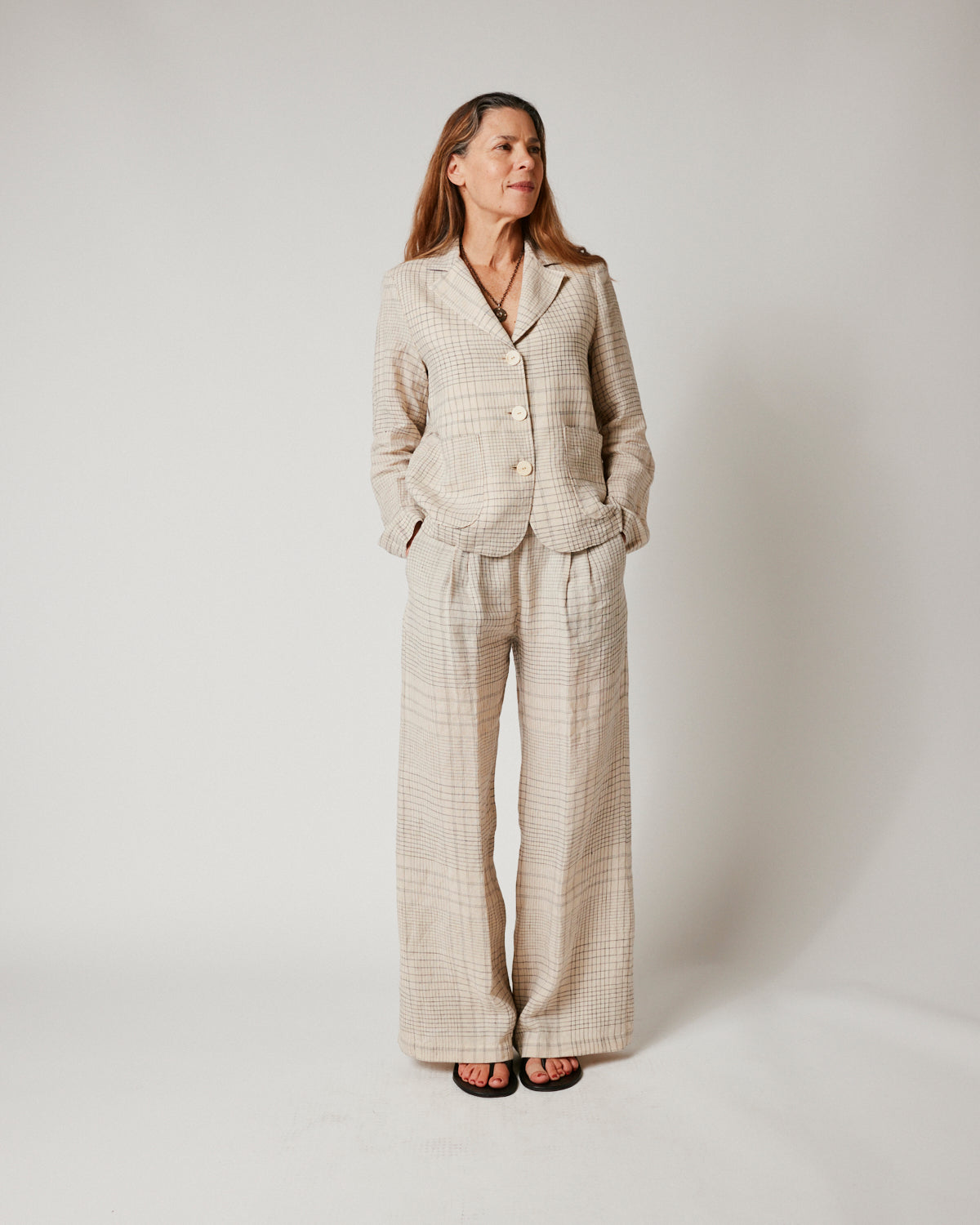 Votro Linen Check Jacket in Ecru and Blue