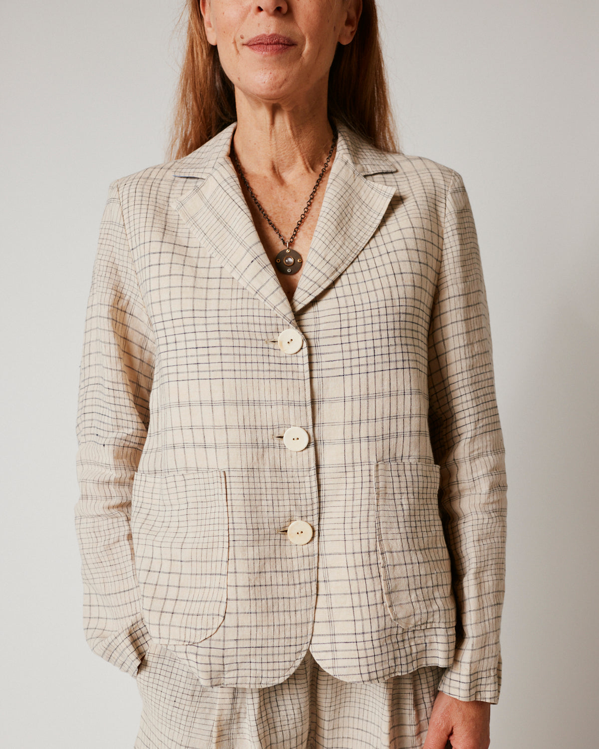 Votro Linen Check Jacket in Ecru and Blue