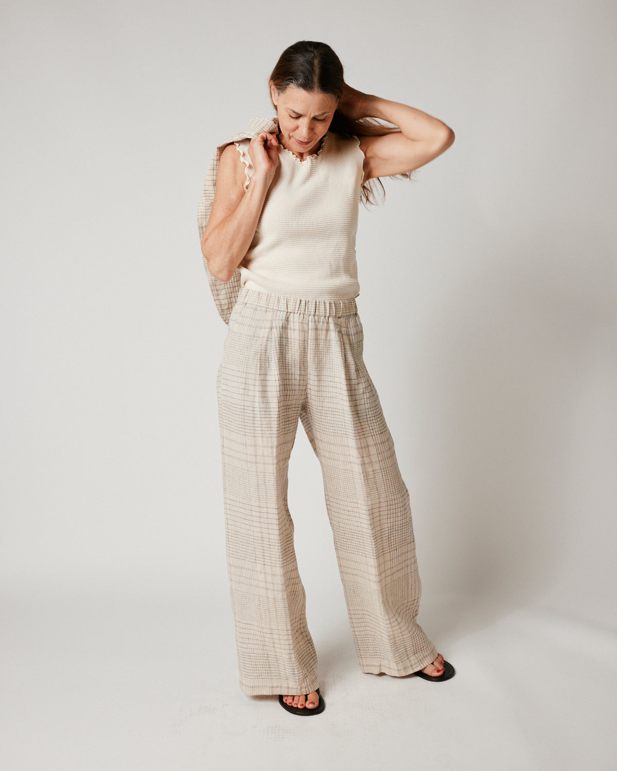 Portio Linen Check Trousers in Ecru and Blue