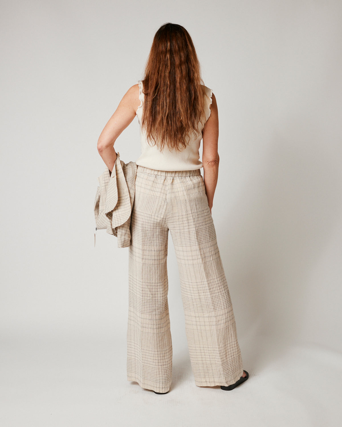 Portio Linen Check Trousers in Ecru and Blue