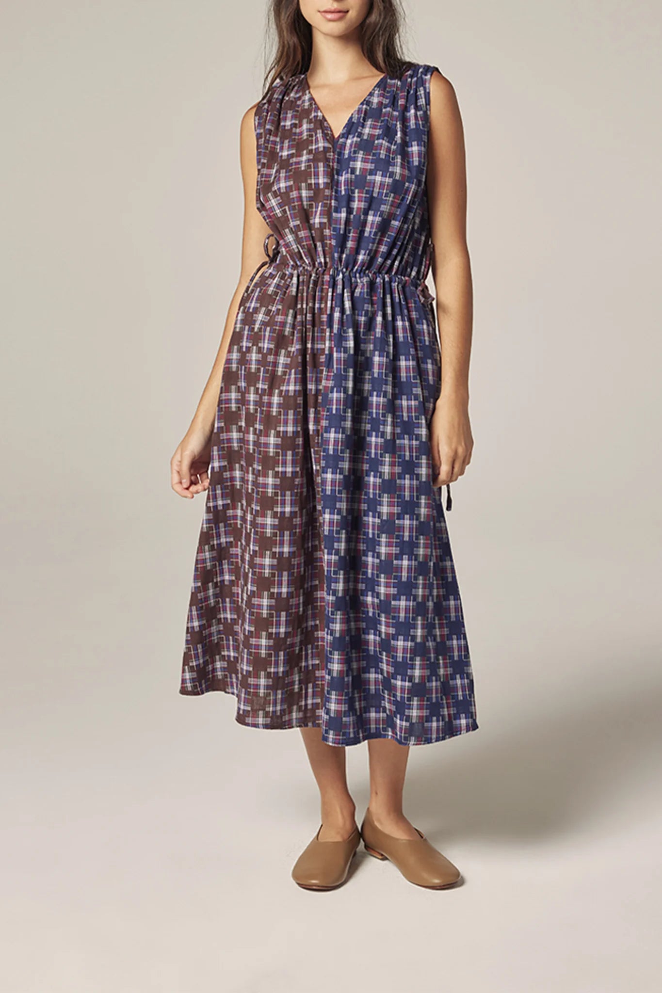Contrast V-Neck Dress in Plaid