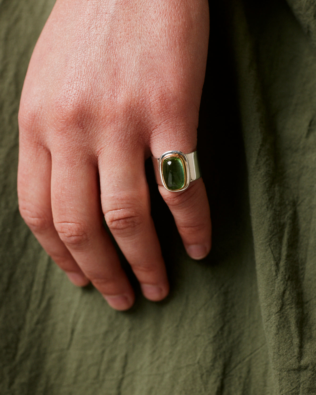 Green Tourmaline Ring with 22k Gold & Sterling Silver