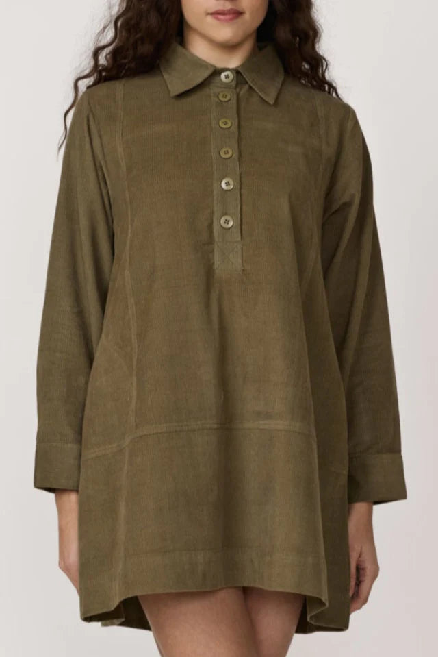 Mini Popover Dress in Olive Cord