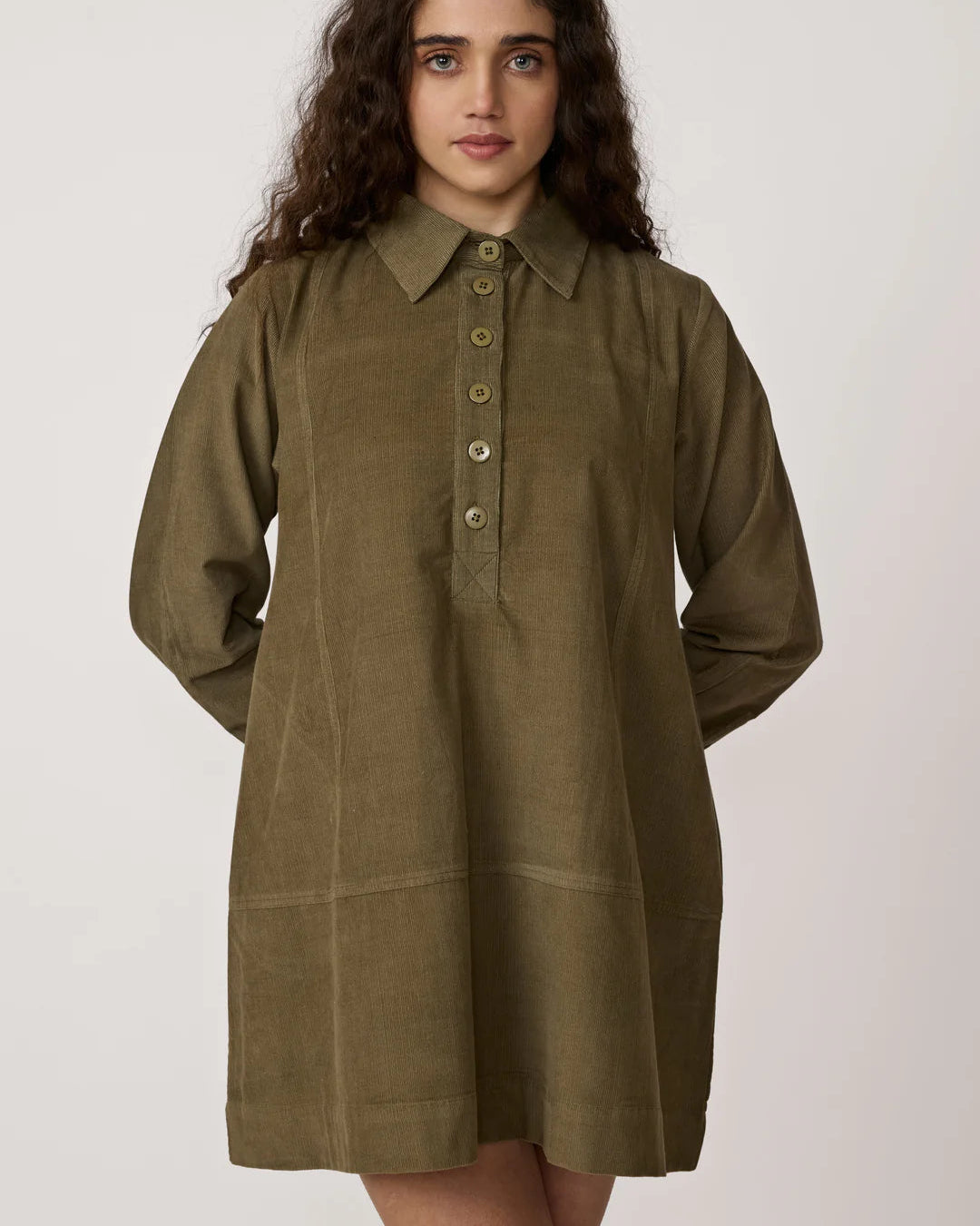 Mini Popover Dress in Olive Cord