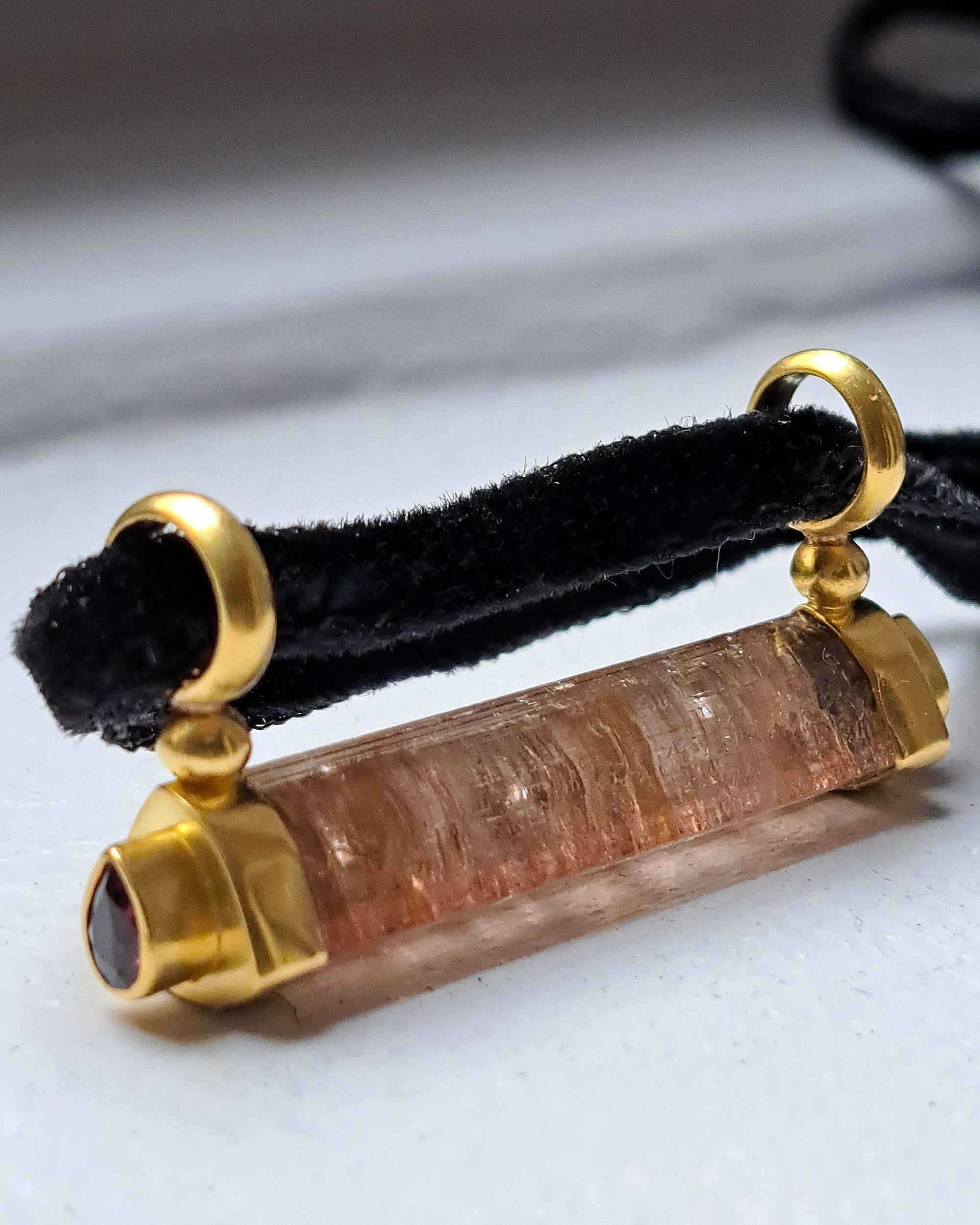 "Mantle Beam IV" Gold, Tourmaline Crystal and Ruby Pendant