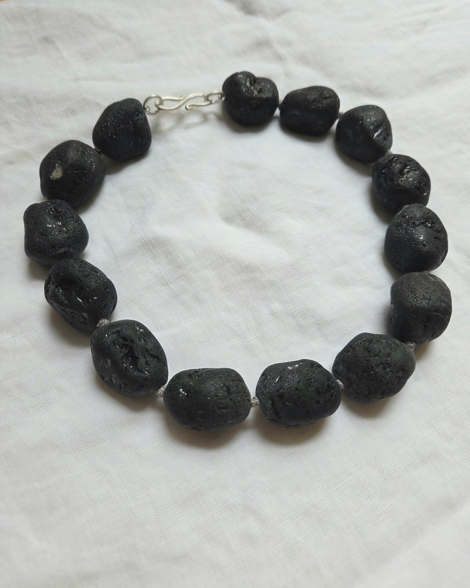 "Terrain VI” Black Tourmaline, Sterling Silver and Silk Necklace