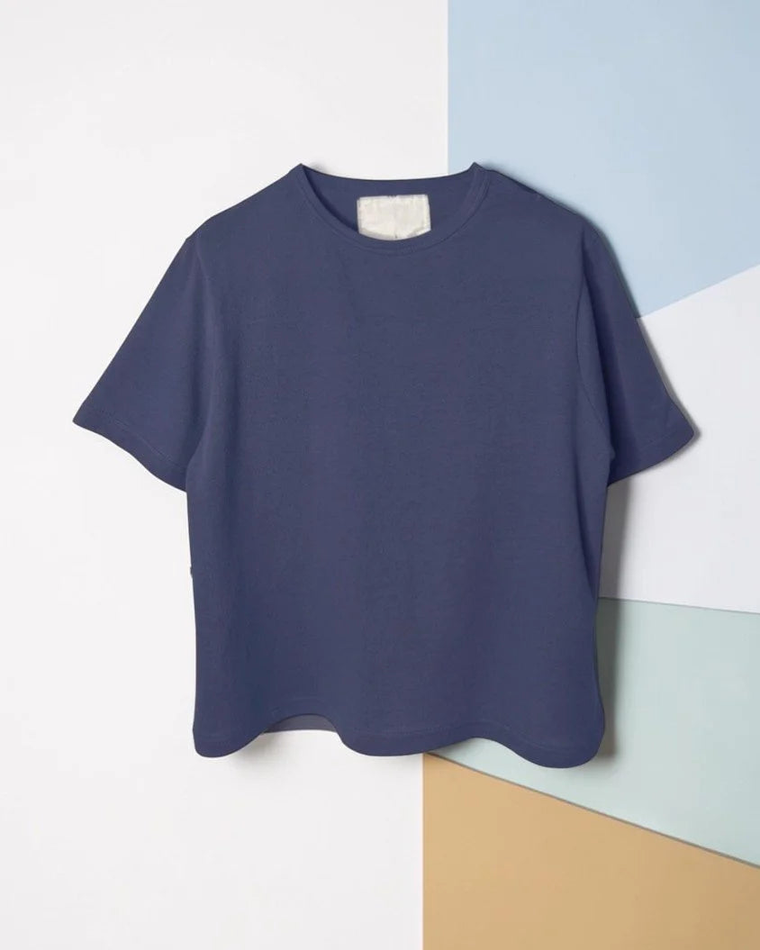 Cotton Crepe Short Sleeve Top in Navy