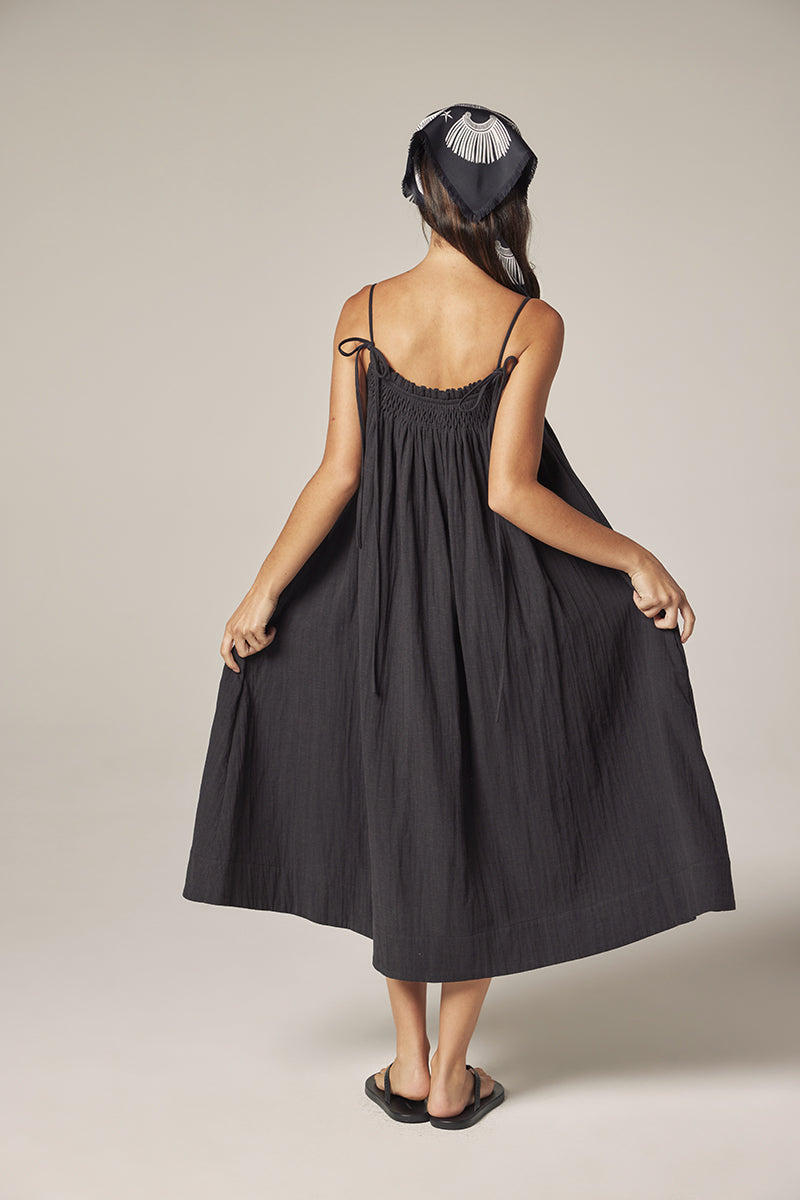 Smocked Tie Midi Dress in Charcoal