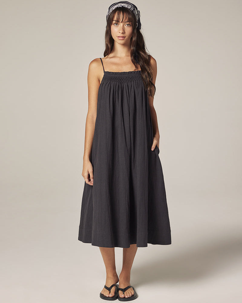 Smocked Tie Midi Dress in Charcoal
