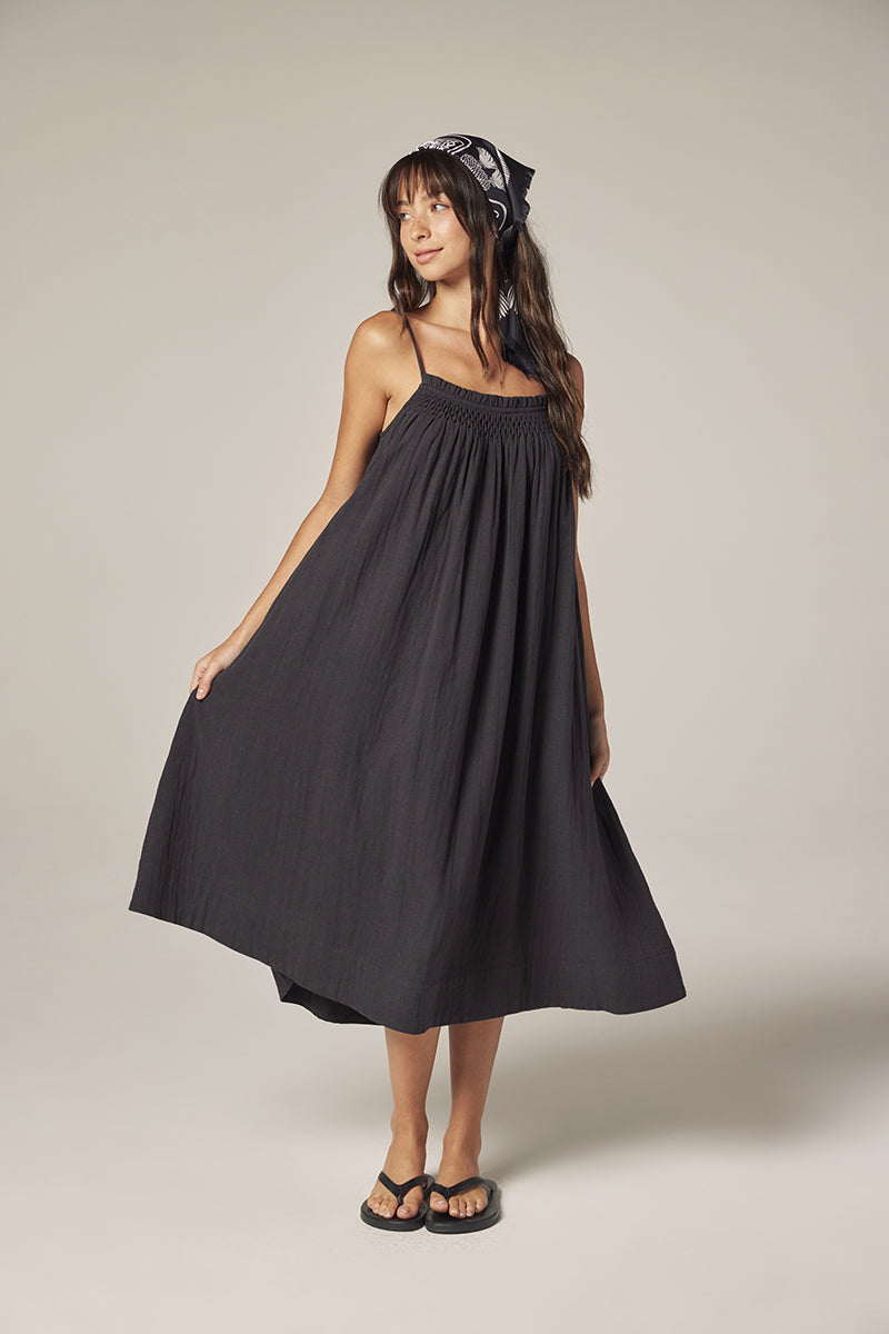 Smocked Tie Midi Dress in Charcoal