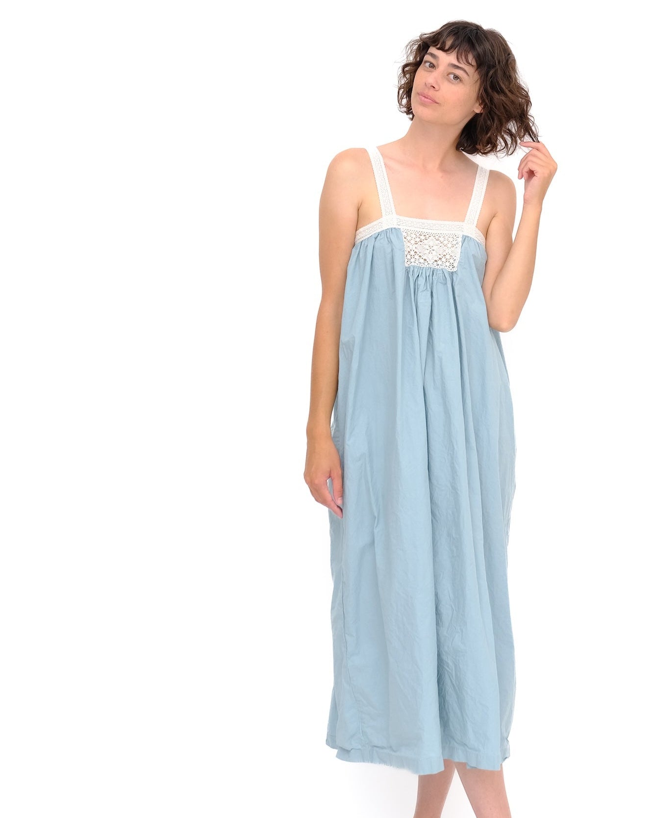 Gathered Tank Slip with Cotton Lace in Sterling