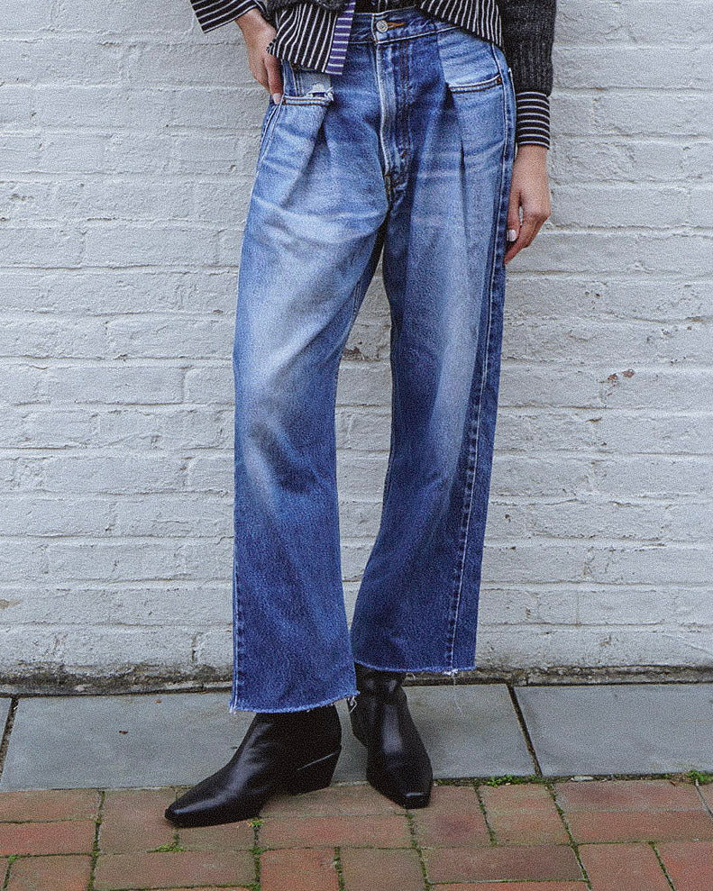 Upcycled Pleat-Front Denim in Medium Wash