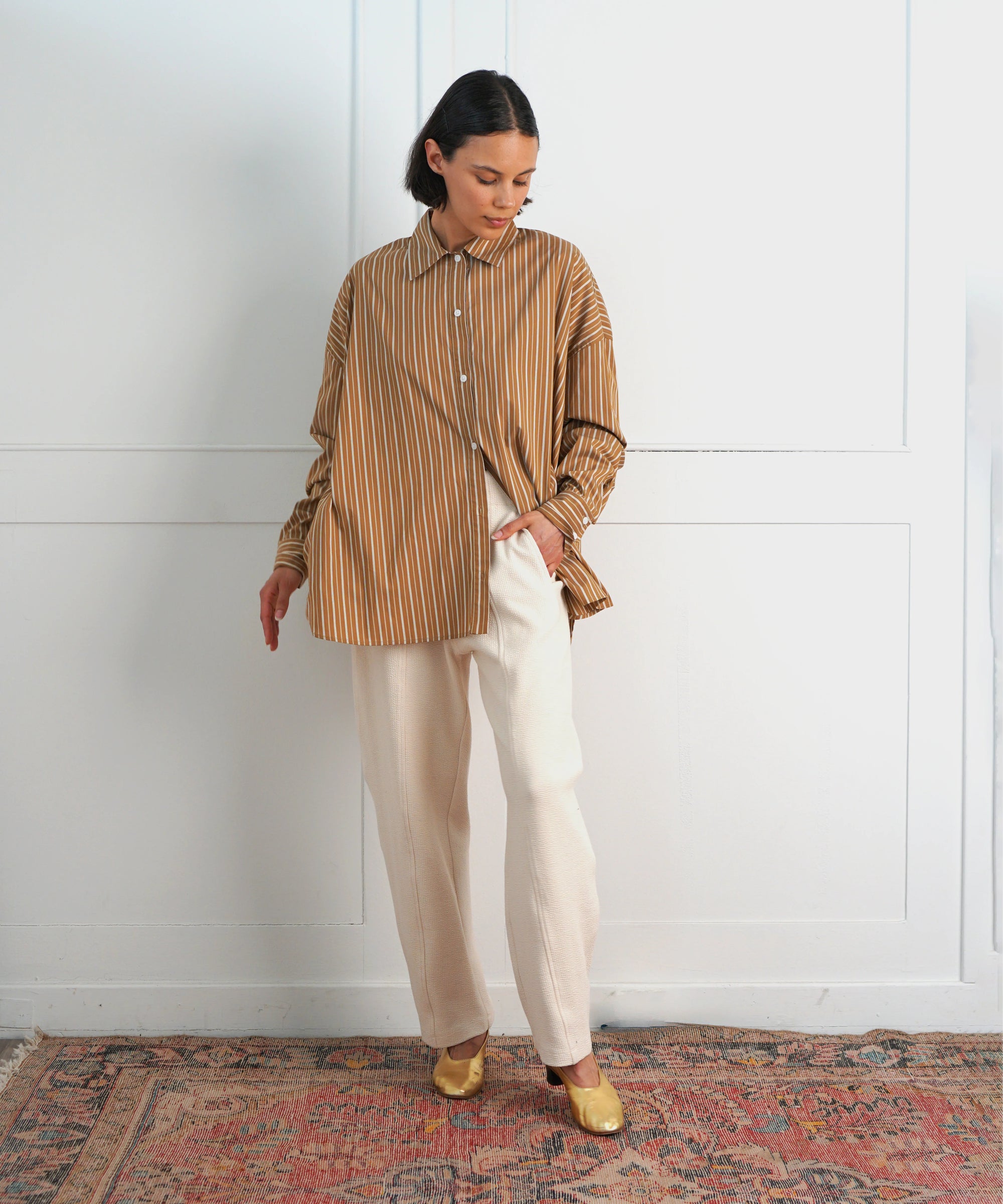 Striped Oversized Button Down in Gold and White