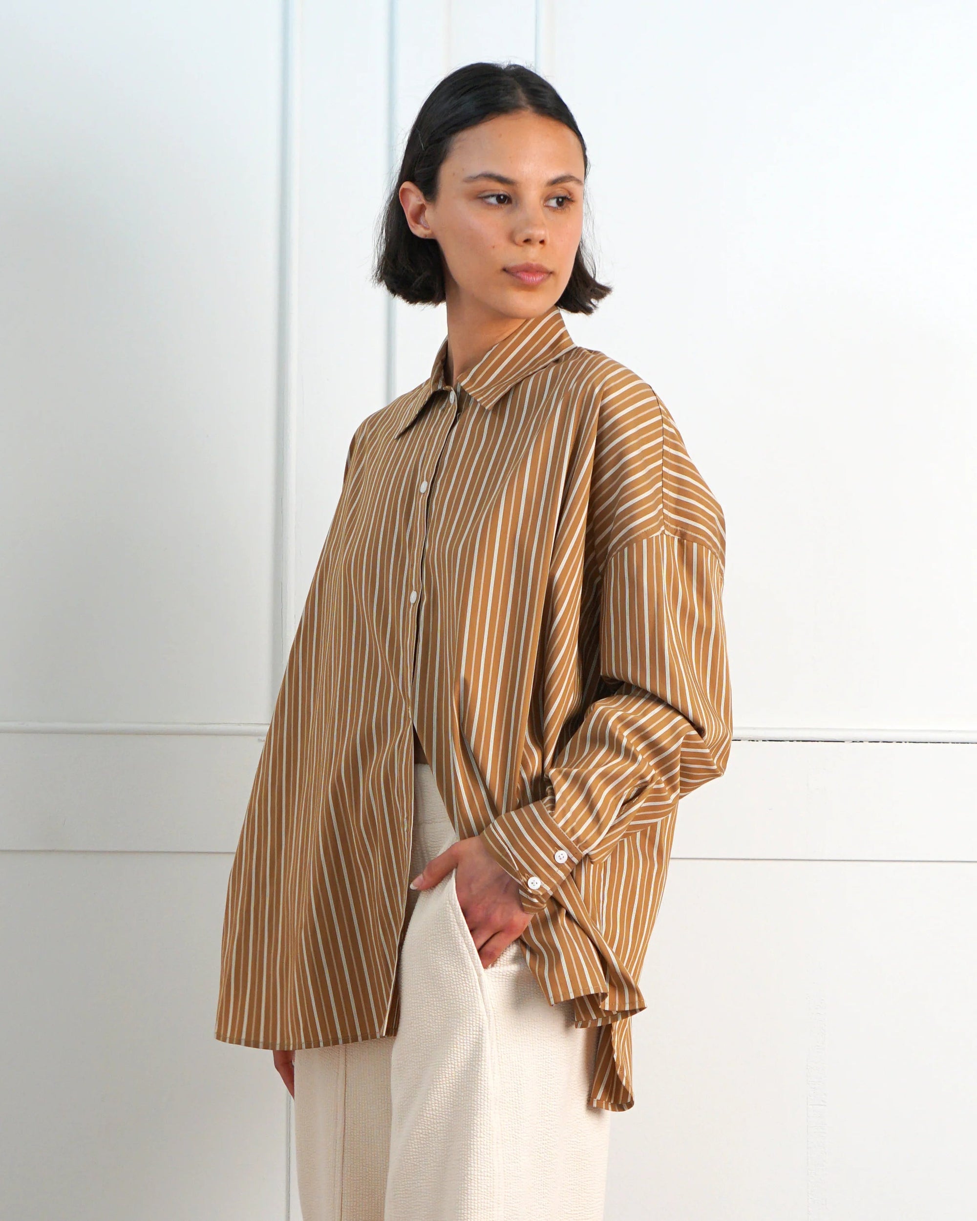 Striped Oversized Button Down in Gold and White