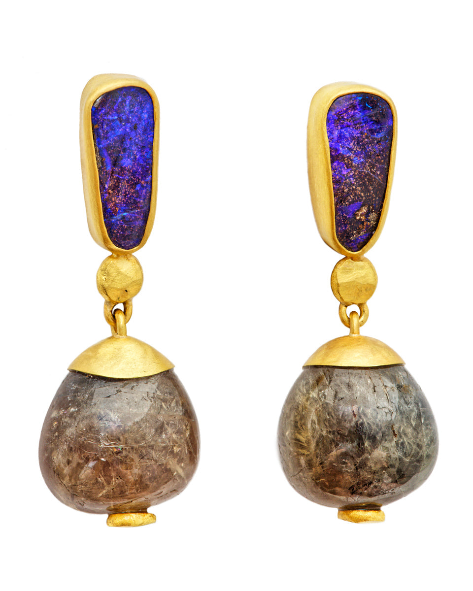 "Everything, Everywhere, All at Once" Gold, Australian Boulder Opal and Sapphire Earrings