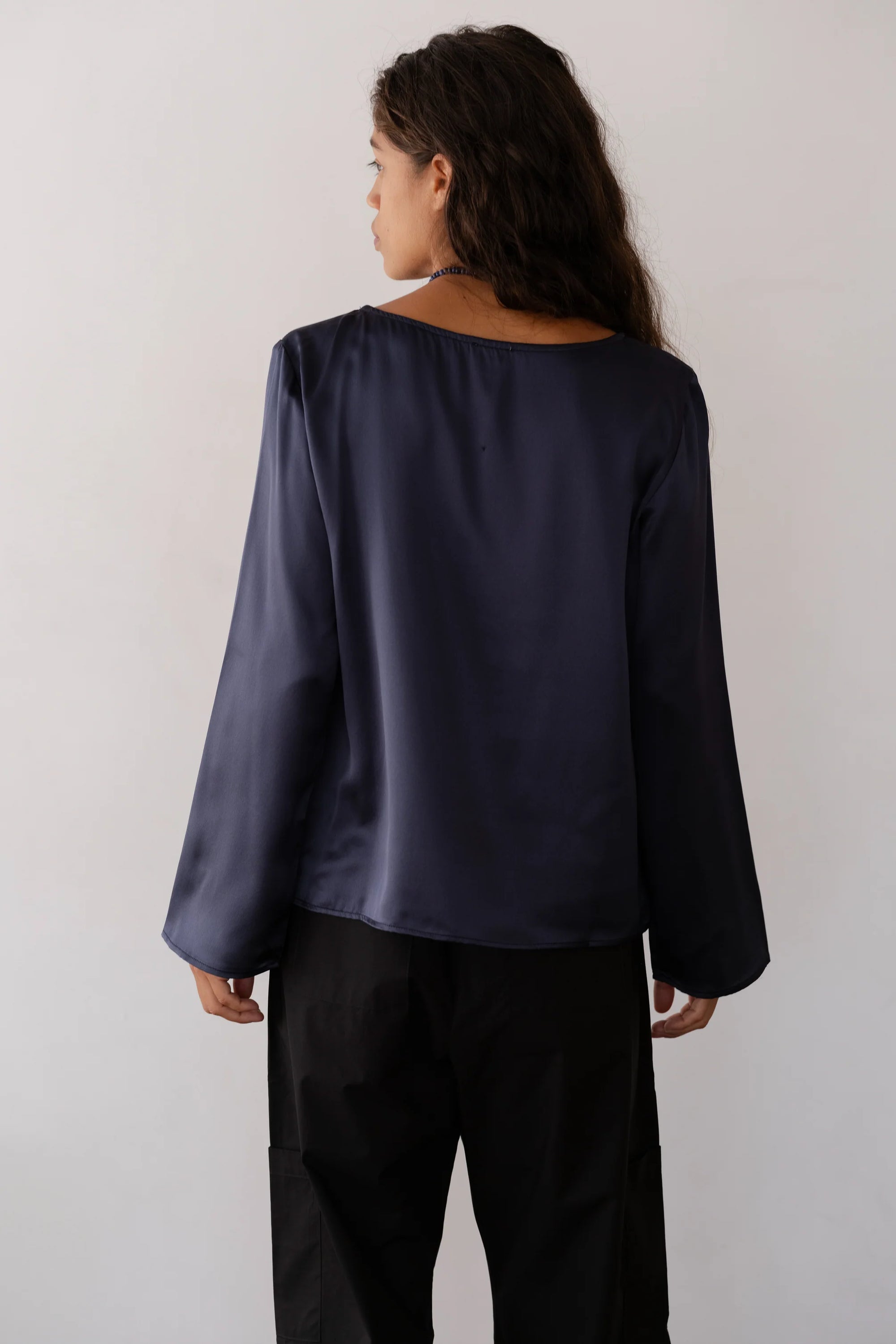 The Silk Bell Long Sleeve Top in Navy
