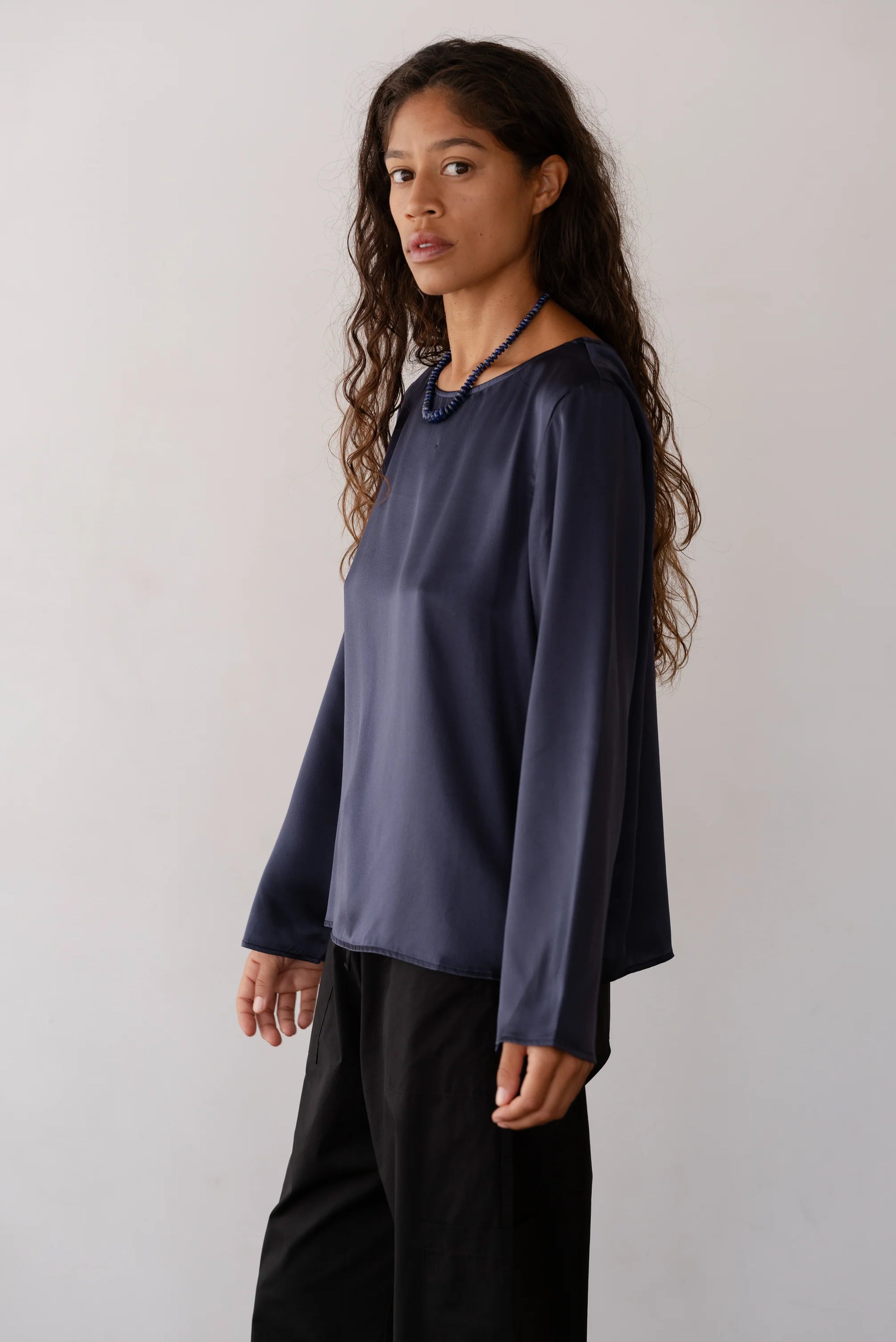 The Silk Bell Long Sleeve Top in Navy