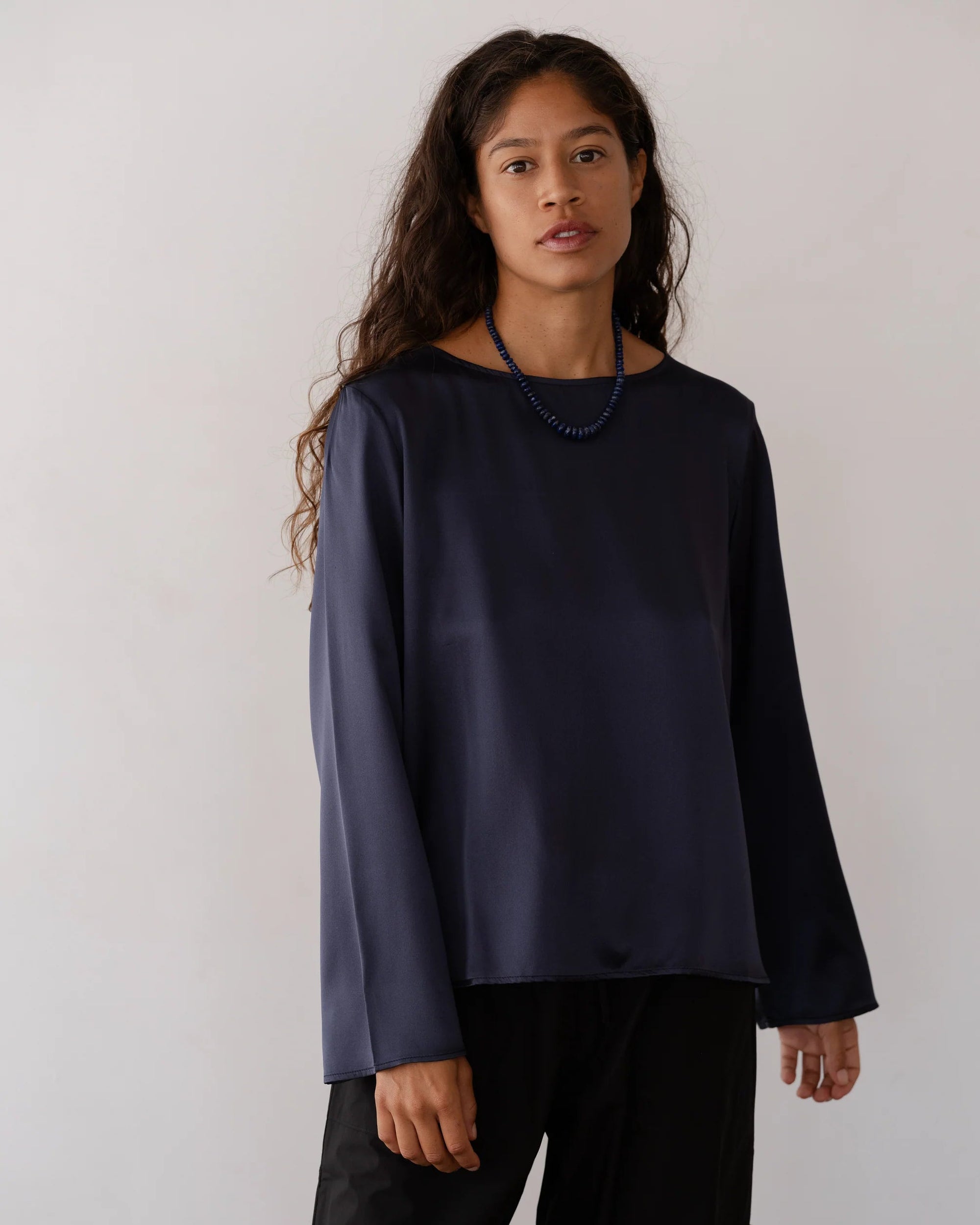 The Silk Bell Long Sleeve Top in Navy