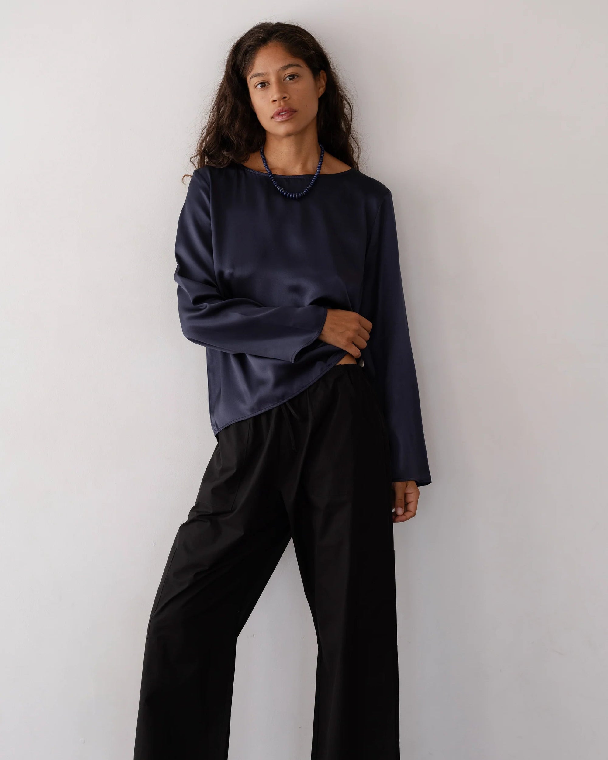The Silk Bell Long Sleeve Top in Navy