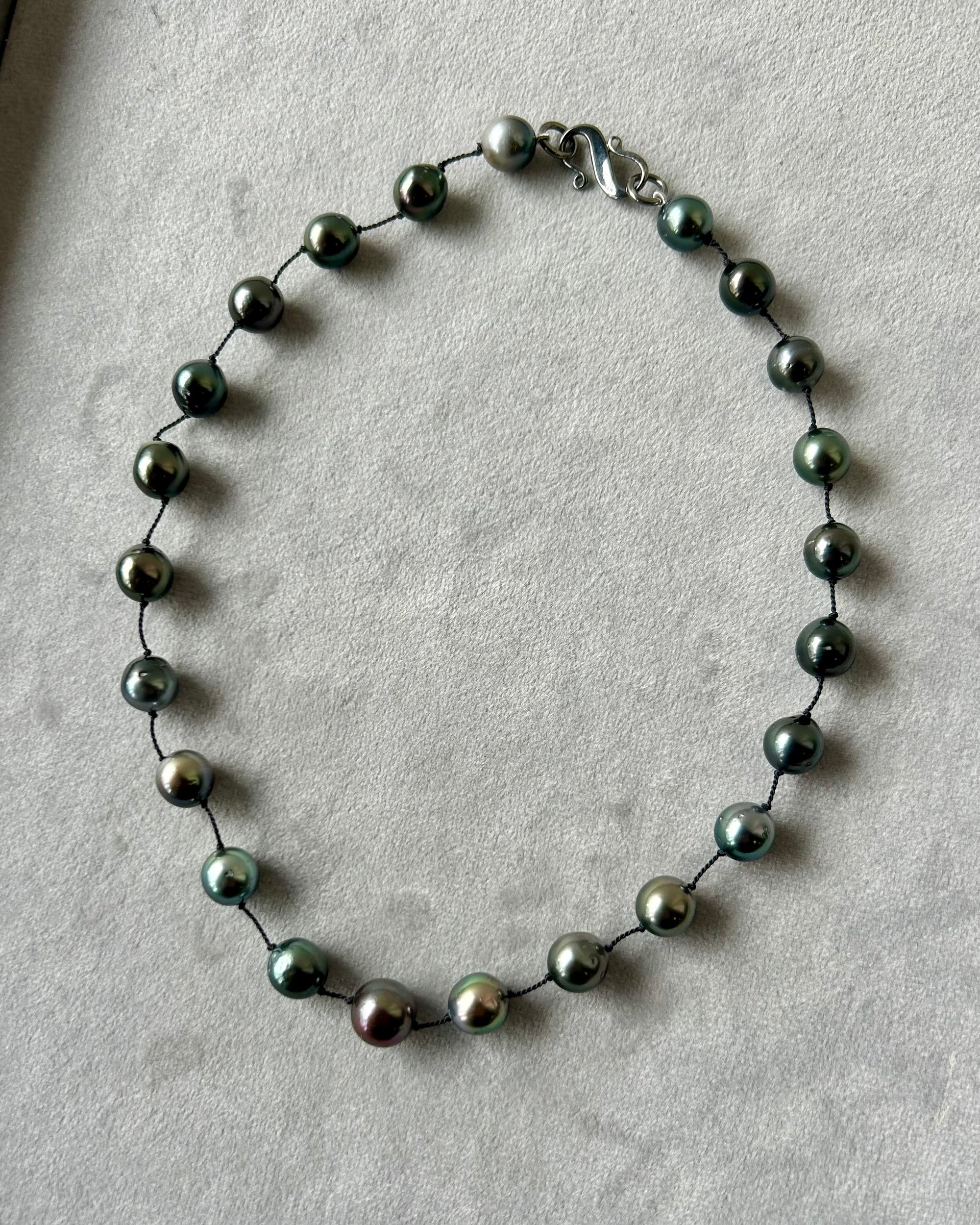 "Kurago-Tamago X" Tahitian and Akoya Pearl, Rhodium Plated Silver and Silk Necklace