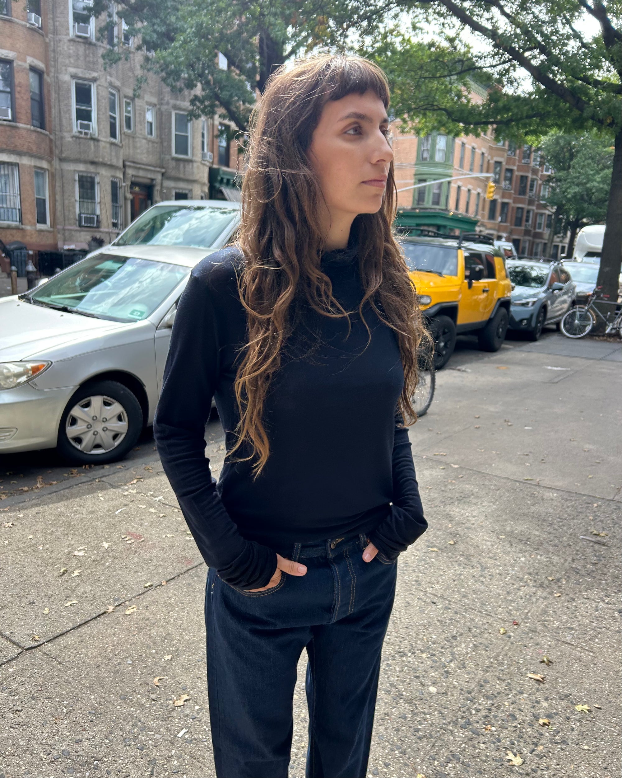 Cashmere Silk Jersey Turtleneck in Navy