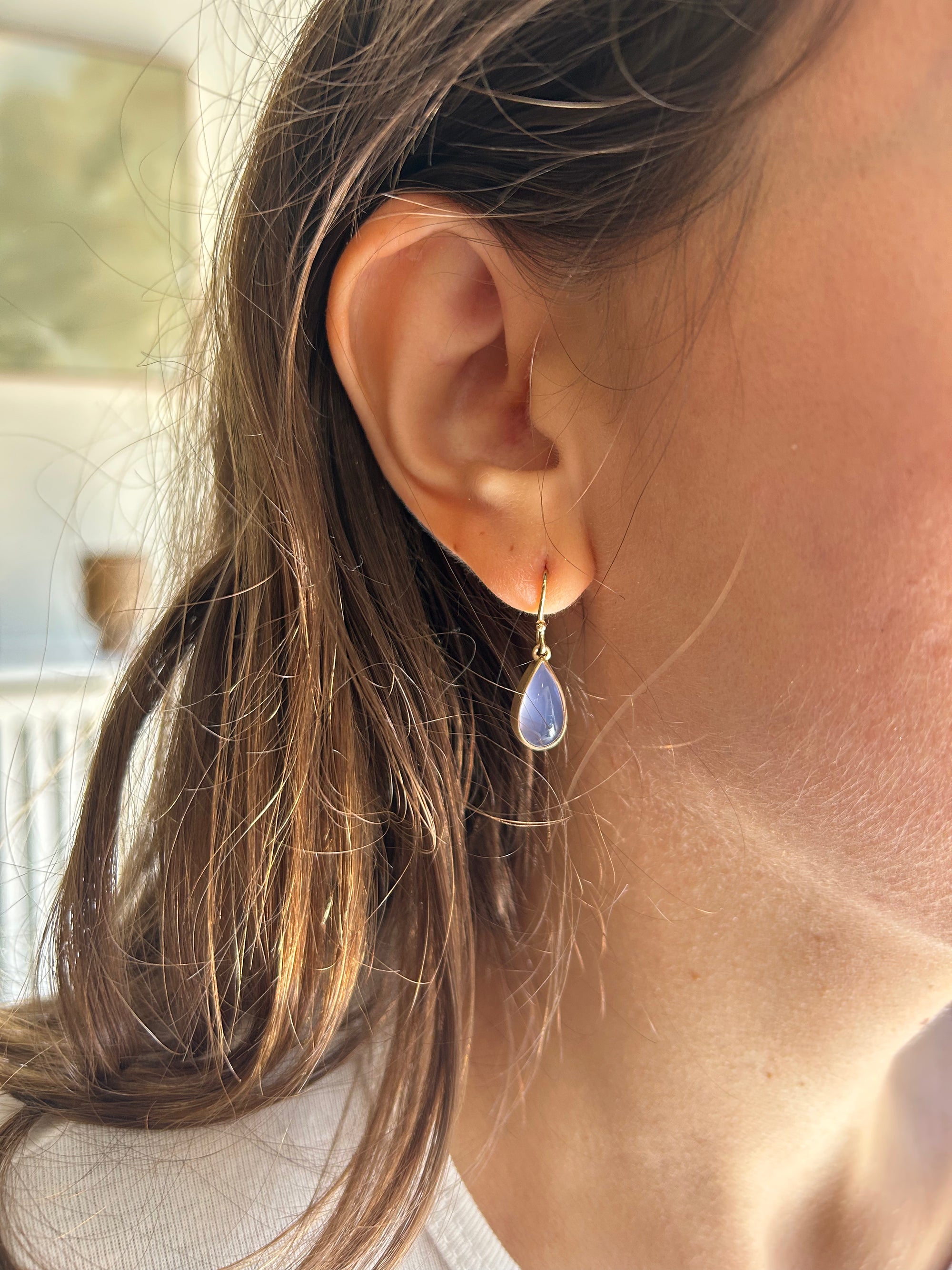 Namibia Blue Chalcedony and Gold Teardrop Earrings