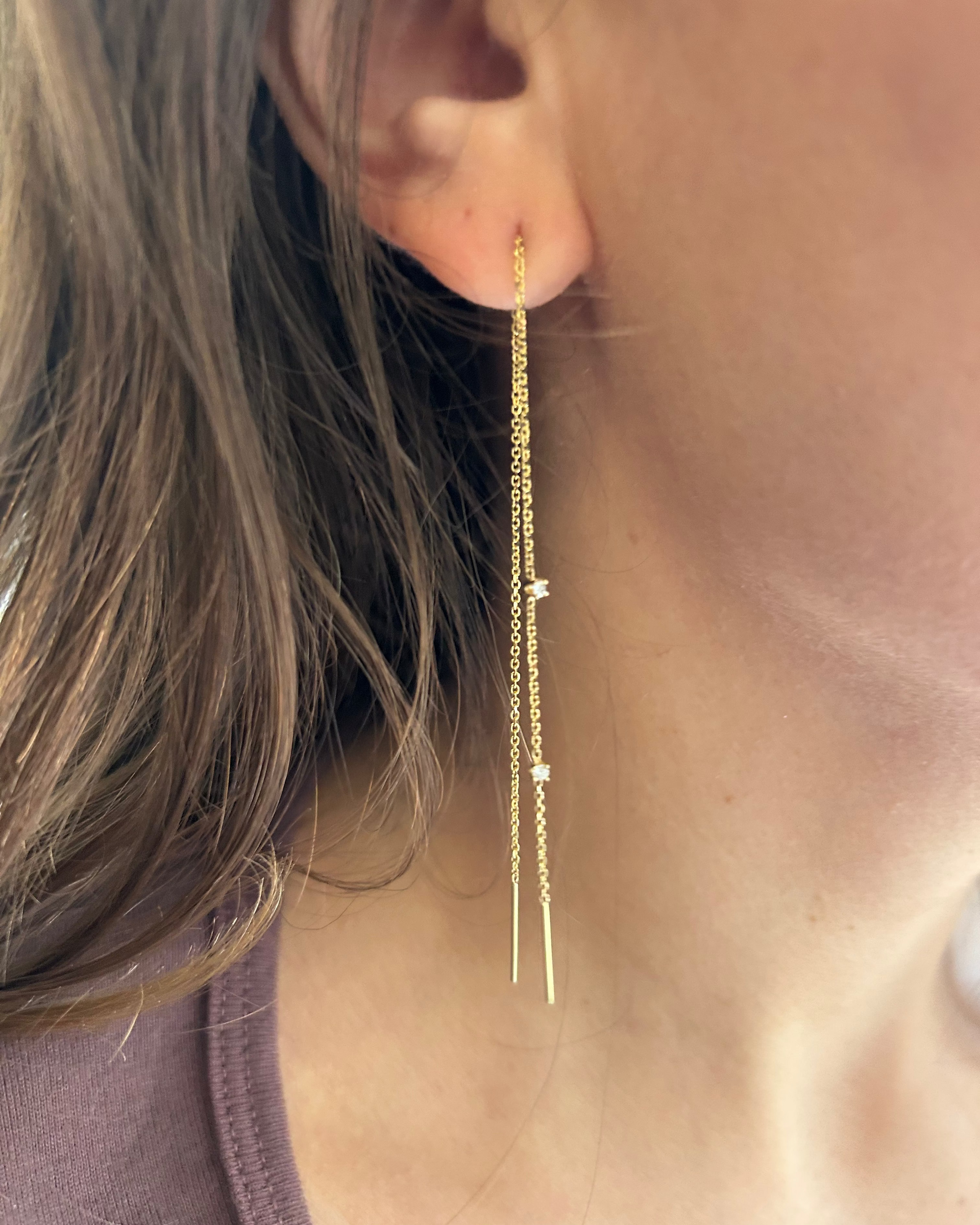 "White Heat Too" Gold and White Diamond Thread Earrings