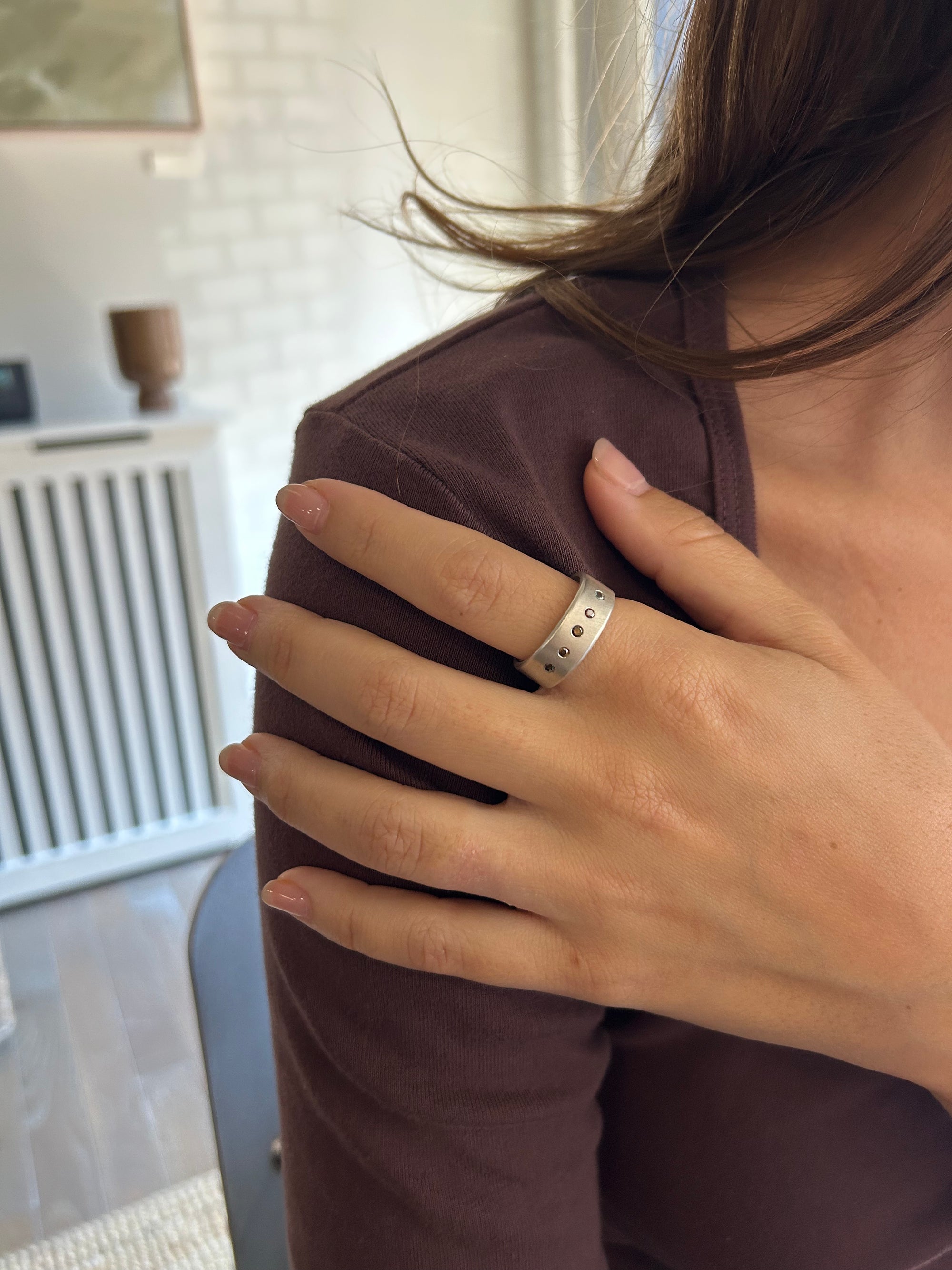 Heavy Fine Silver Band with Cognac Diamonds and Sapphire