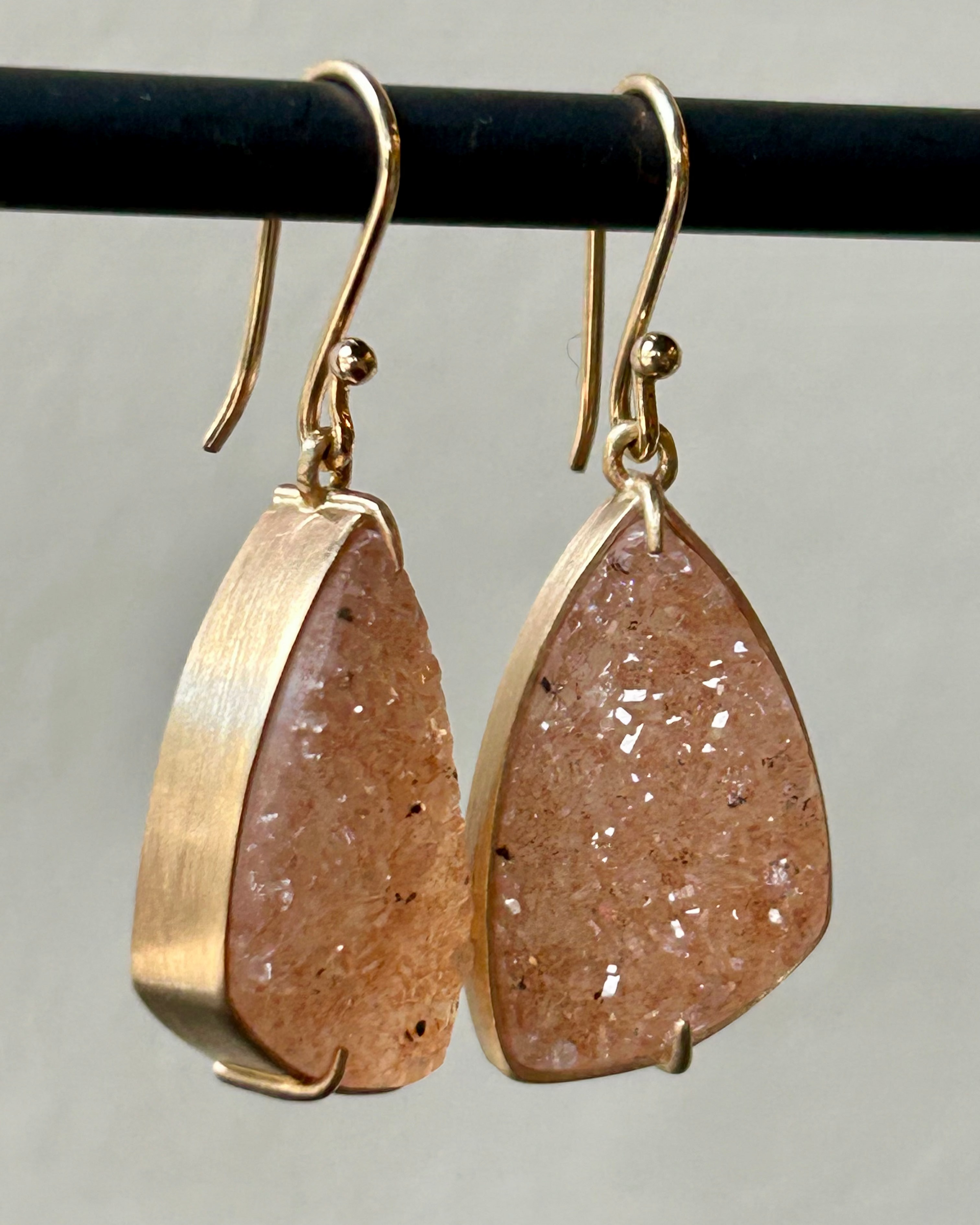 Brazilian Peach Druzy and Gold Kite Earrings