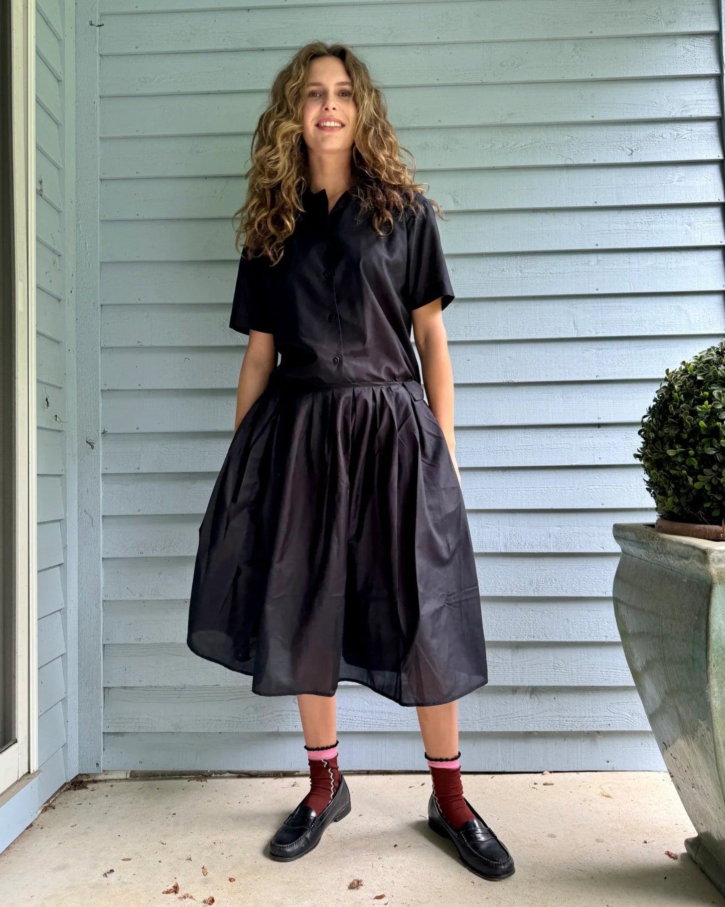 Cotton Silk Short Sleeve Shirt in Black