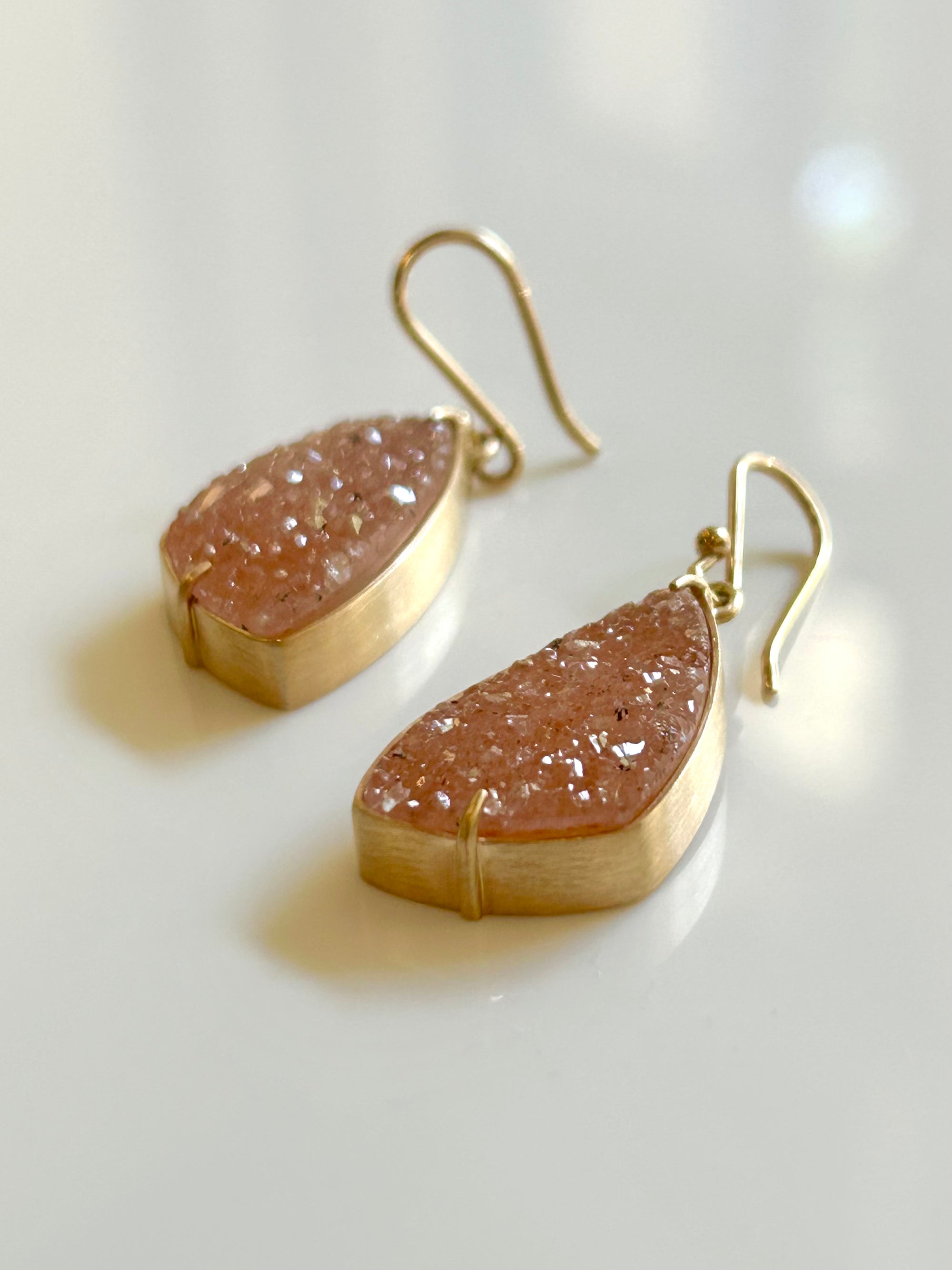 Brazilian Peach Druzy and Gold Kite Earrings