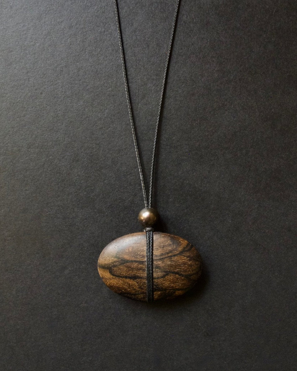 Hand Carved Ziricote and Black Pearl Necklace