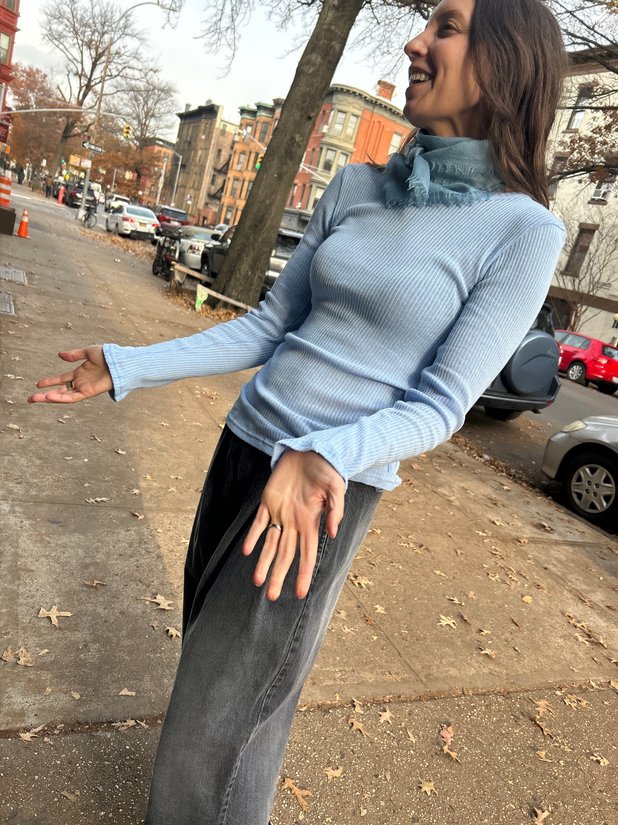 Cotton Gauze Rib Long Sleeve in Light Blue