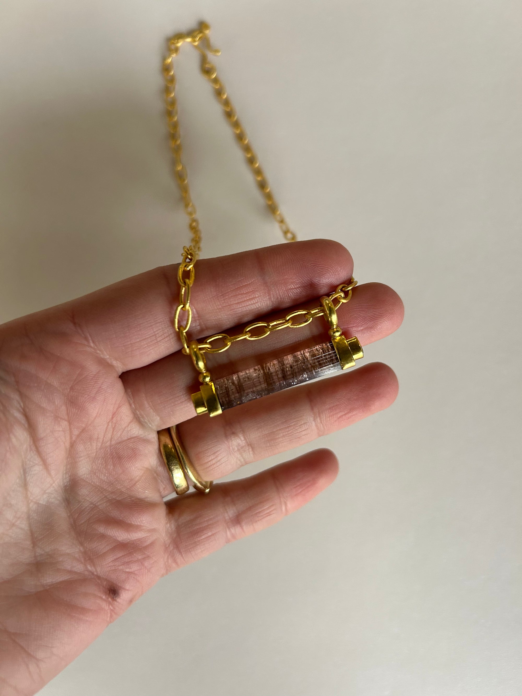 "Mantle Beam IV" Gold, Tourmaline Crystal and Ruby Pendant