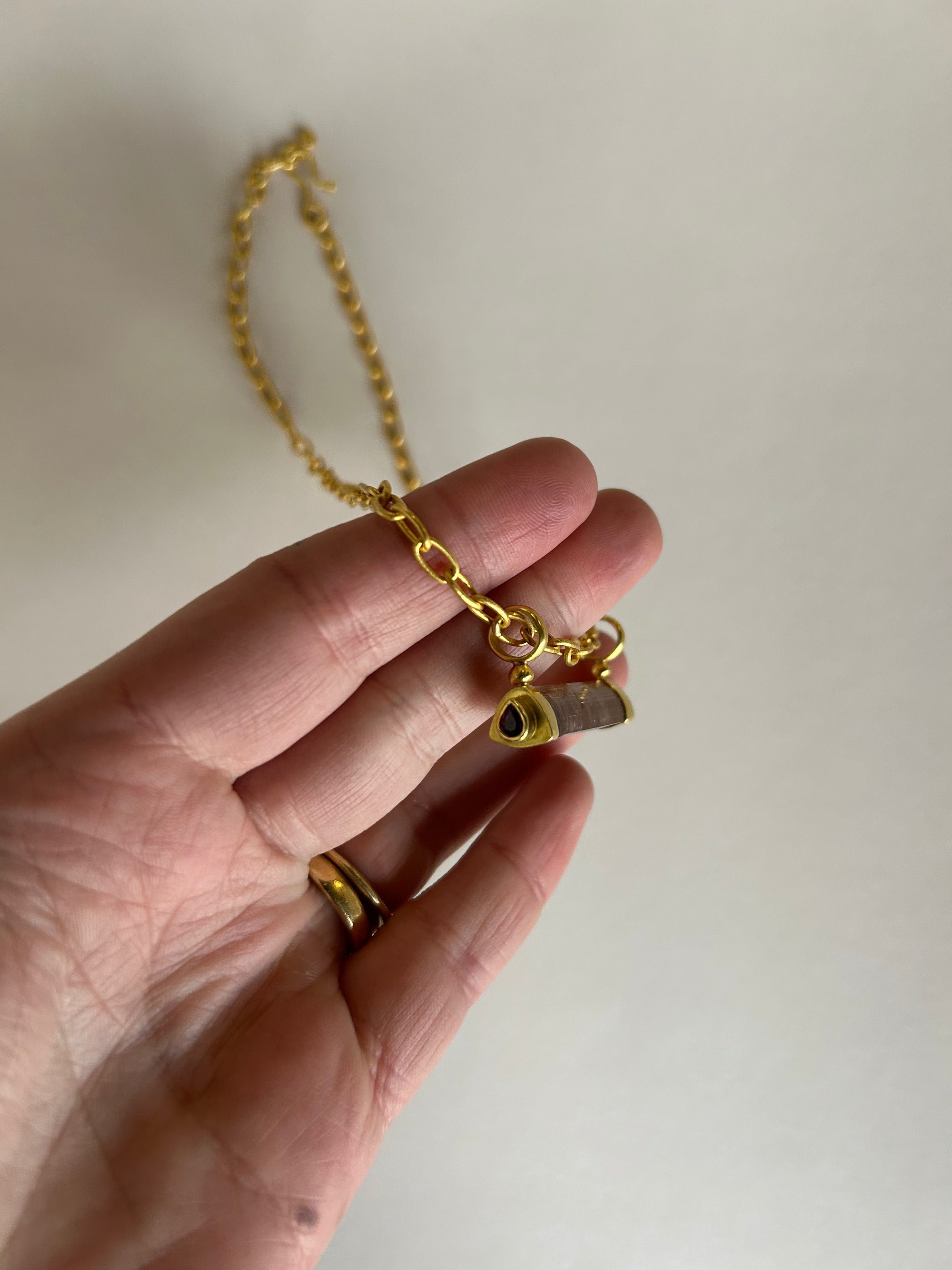 "Mantle Beam IV" Gold, Tourmaline Crystal and Ruby Pendant