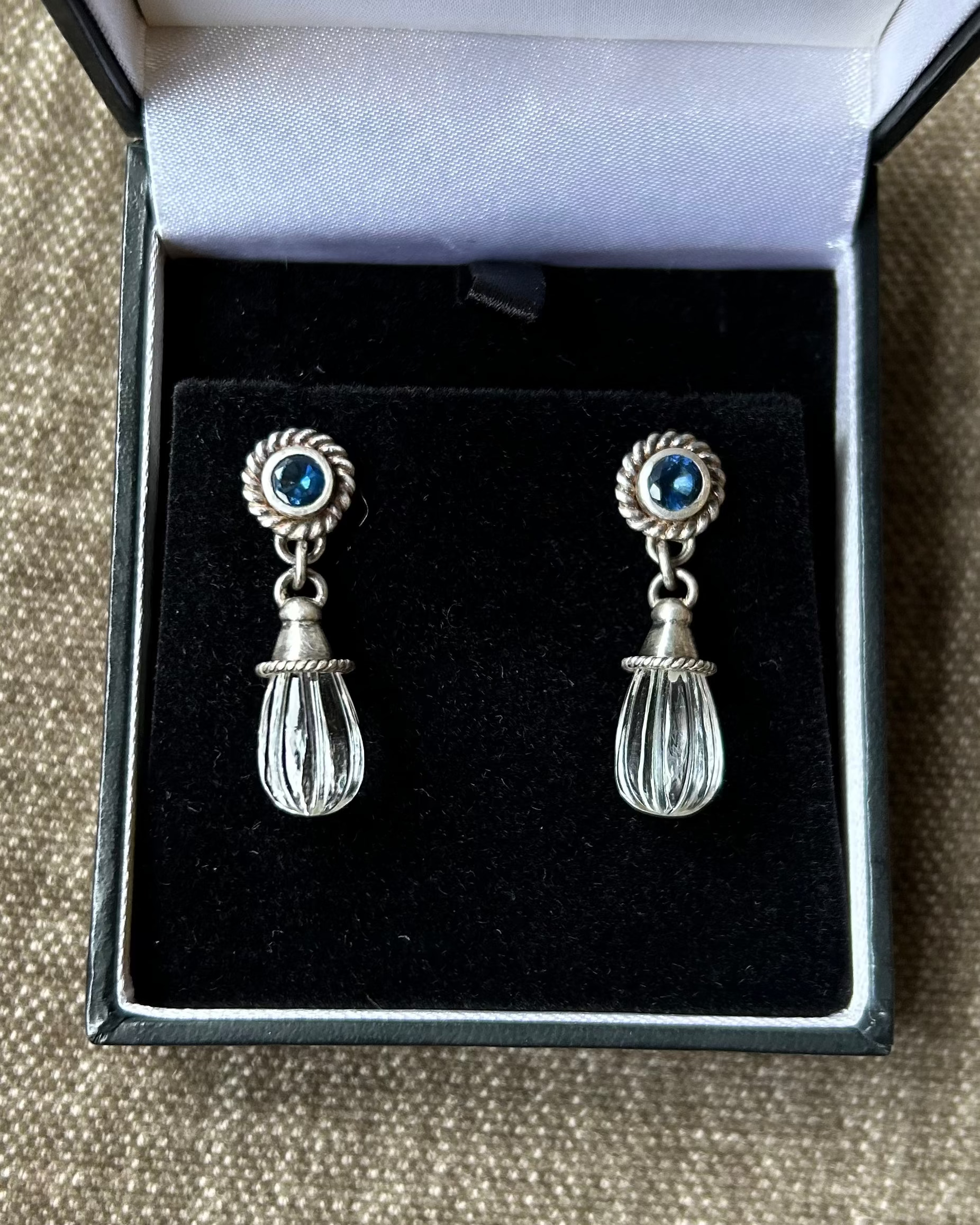 "Mind of Falun" Fine Silver, Sapphire and Carved Rock Crystal Earrings