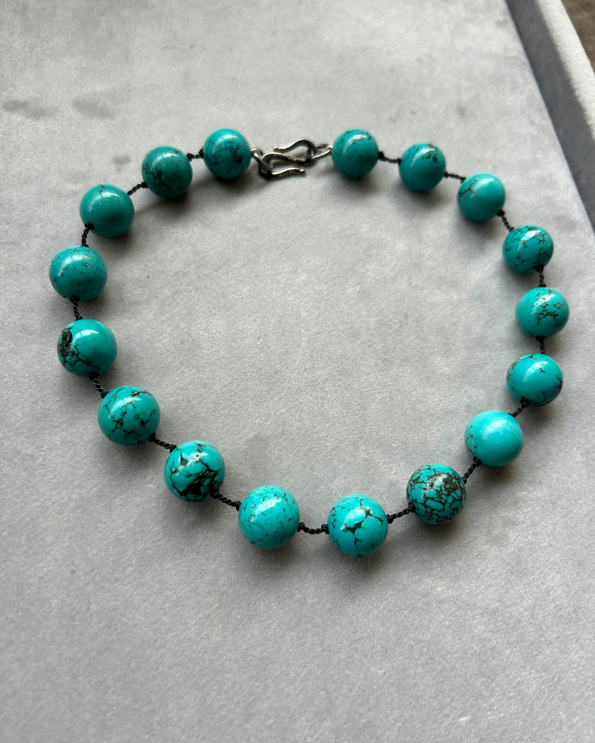 “Kurago-Tamago VI” Turquoise, Rhodium-Plated Silver and Silk Necklace