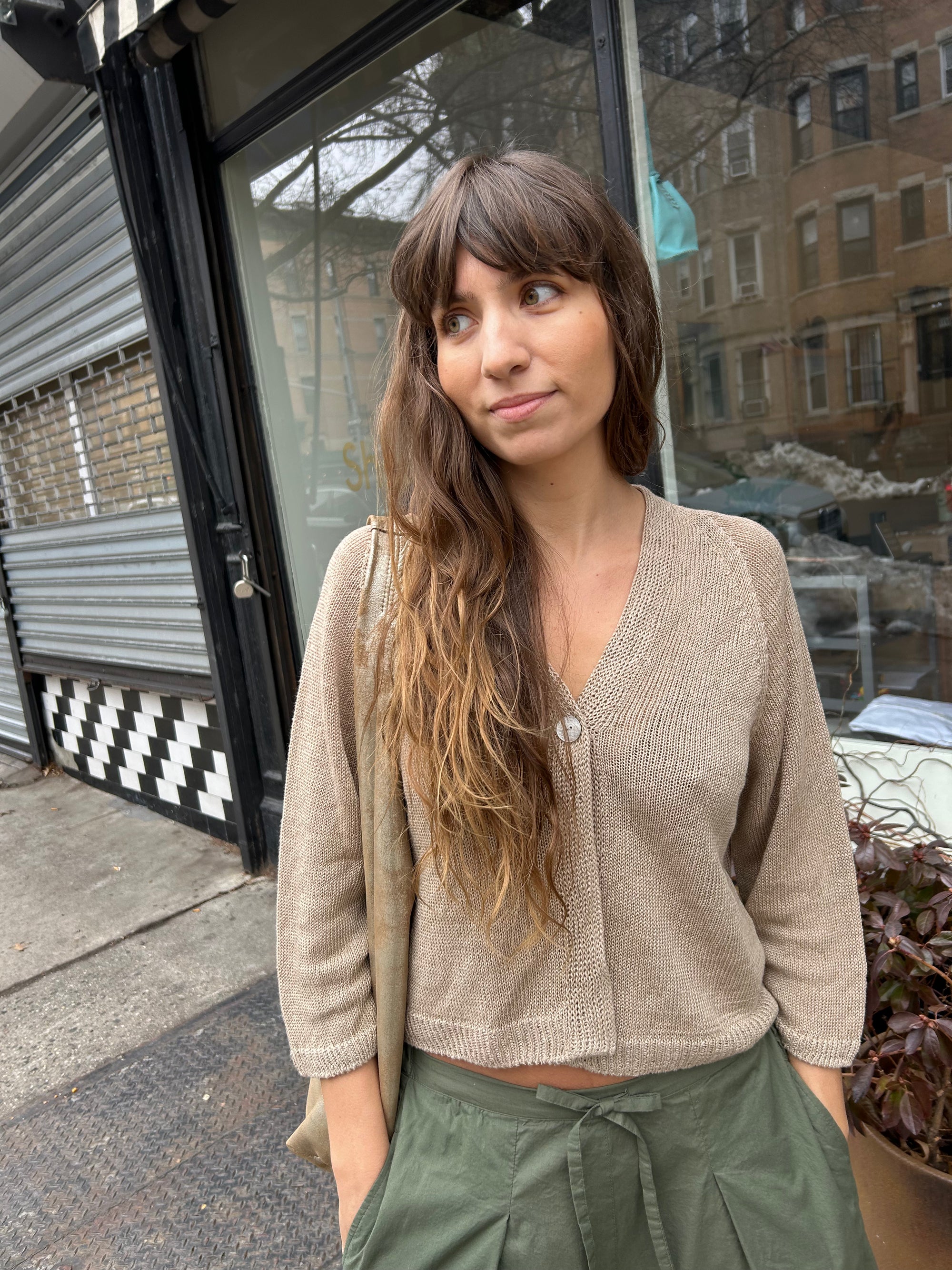 Linen Knit Cardigan in Beige