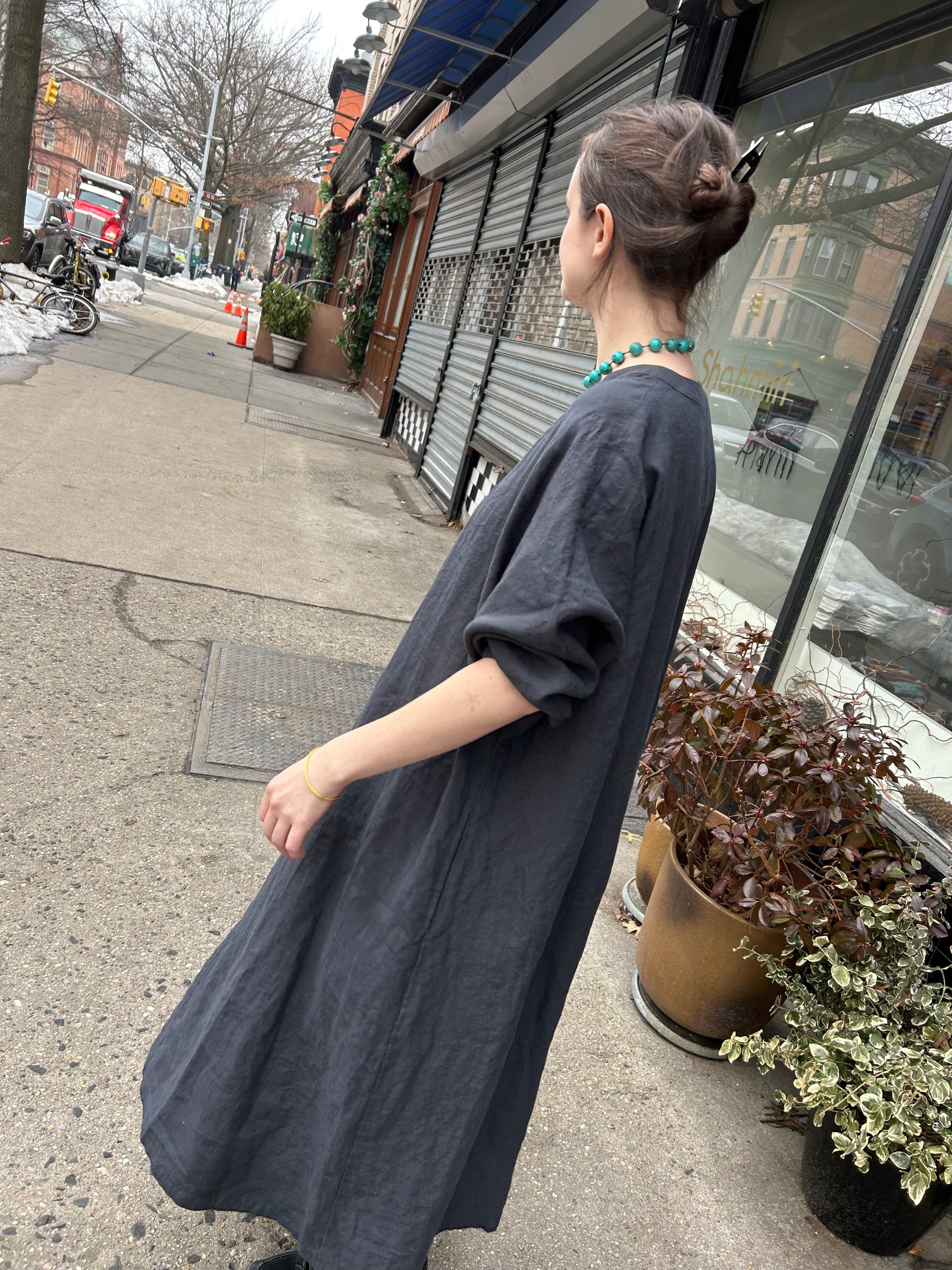 Linen Button Dress in Charcoal