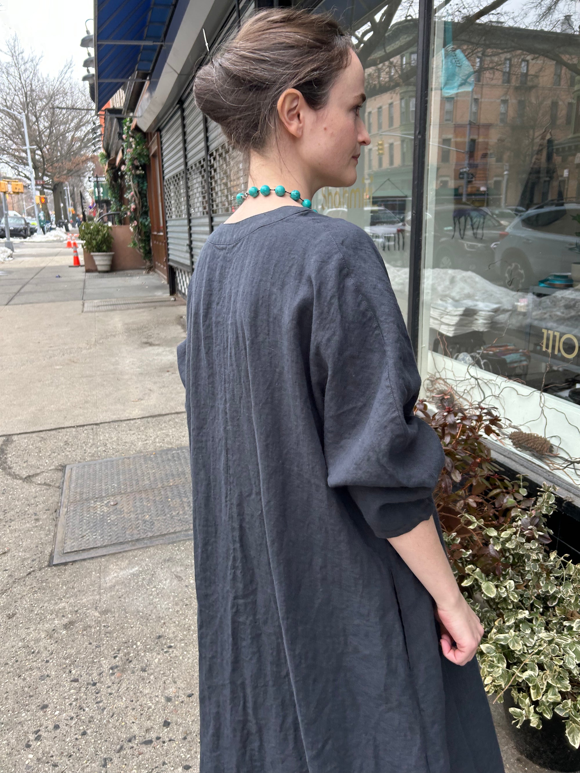 Linen Button Dress in Charcoal