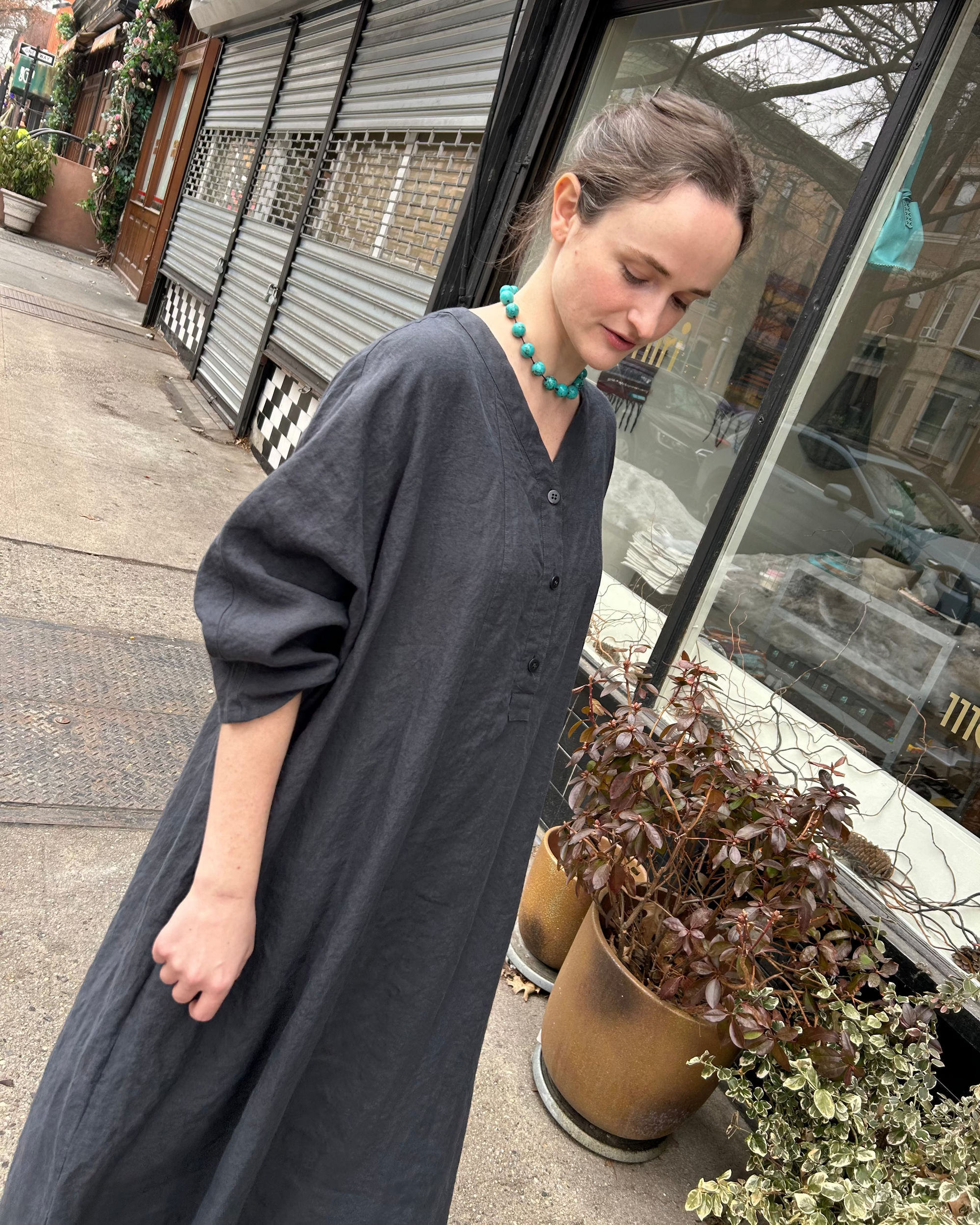 Linen Button Dress in Charcoal