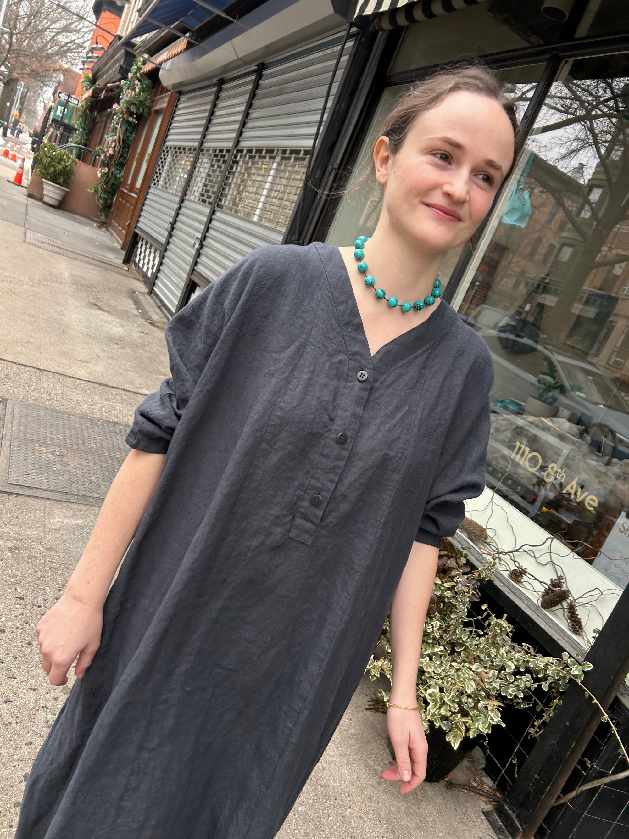 Linen Button Dress in Charcoal
