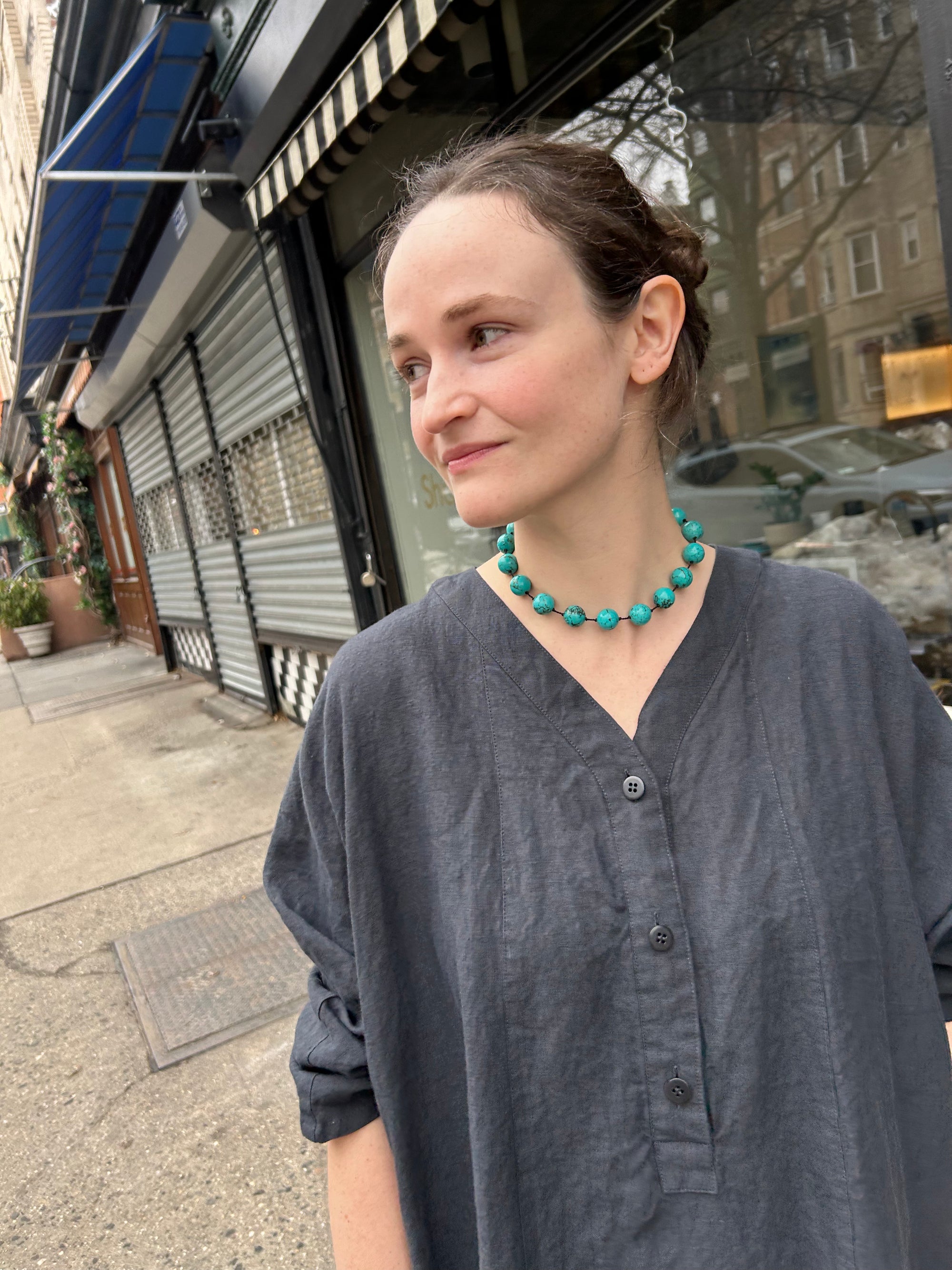 “Kurago-Tamago VI” Turquoise, Rhodium-Plated Silver and Silk Necklace