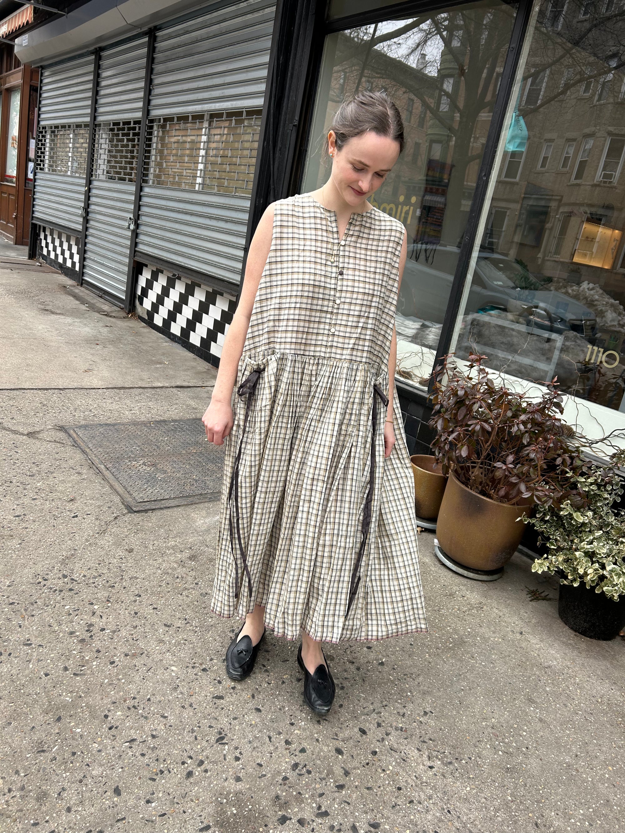 Poppy Dress in Beige and Charcoal Check