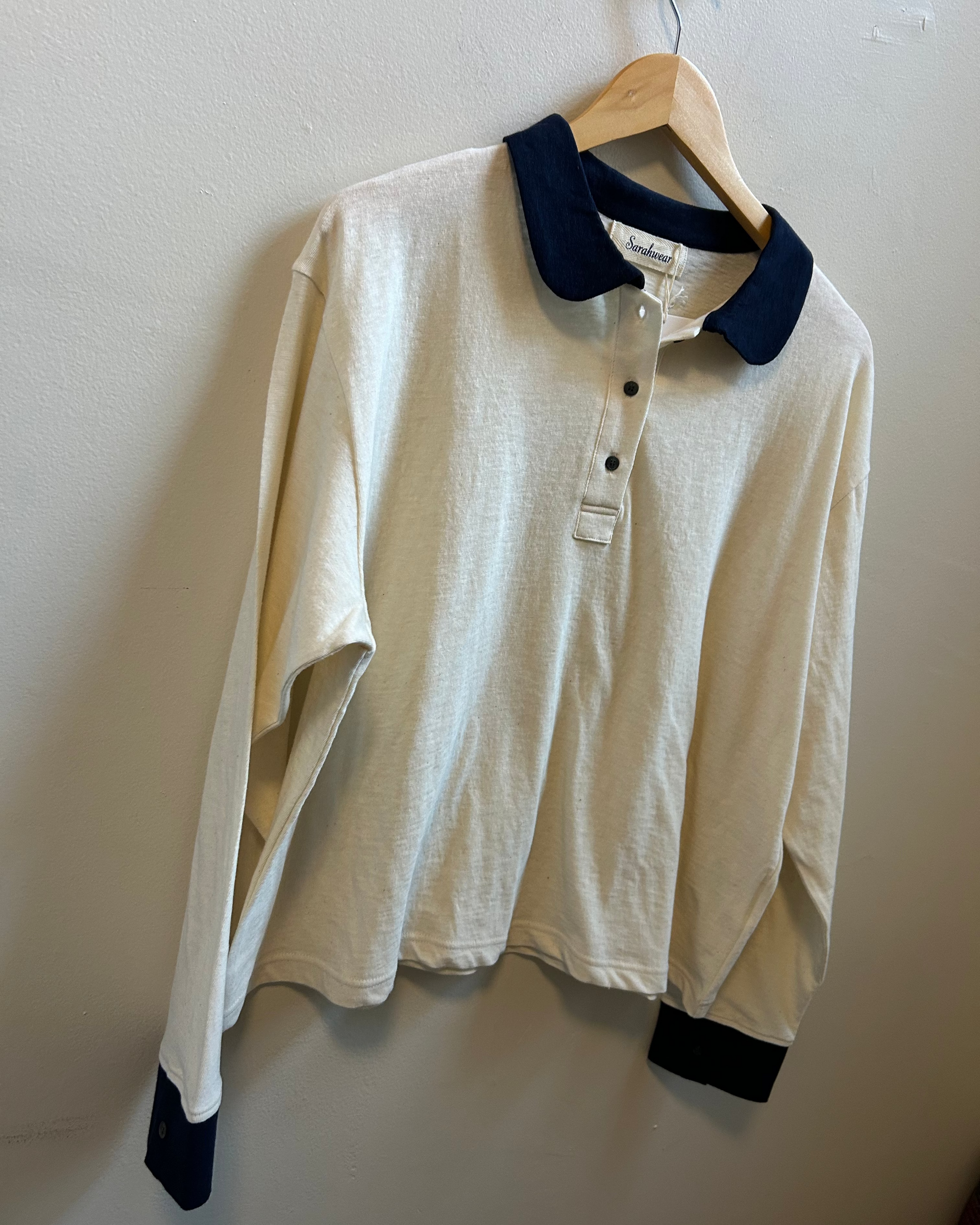 Eco Revival Jersey Polo in Ecru & Navy